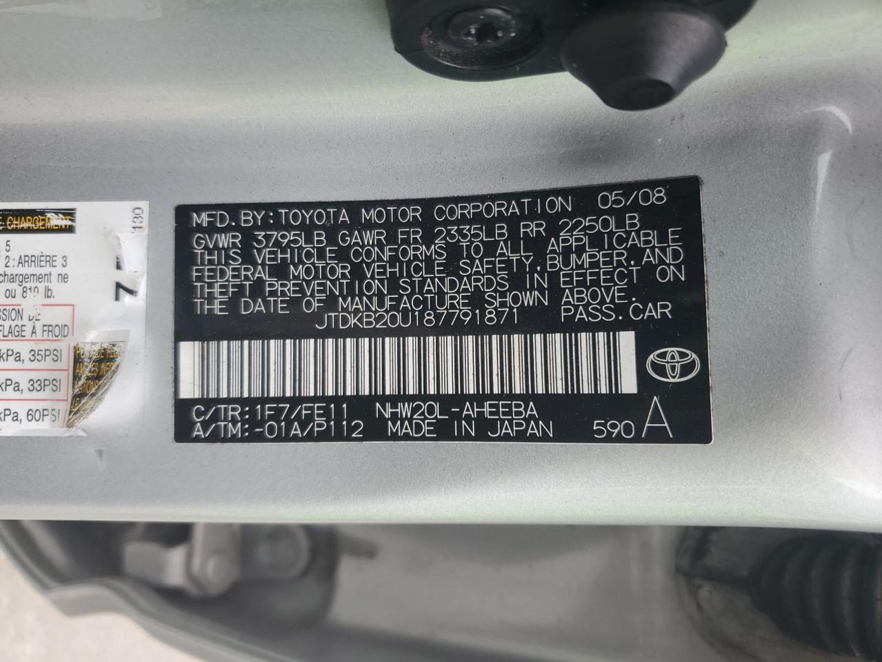 2008 Toyota Prius VIN: JTDKB20U187791871 Lot: 77778303