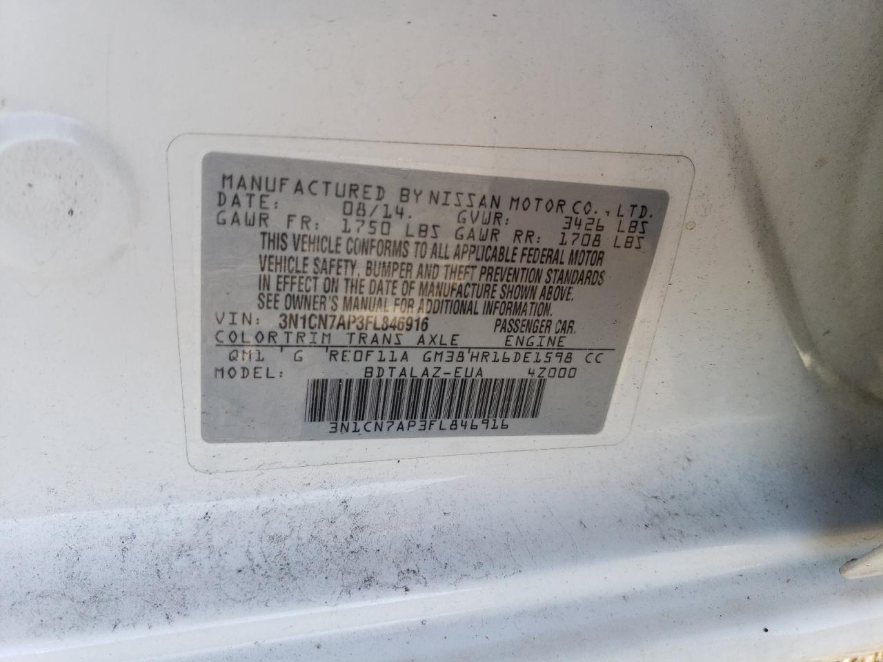 2015 Nissan Versa S VIN: 3N1CN7AP3FL846916 Lot: 51276815