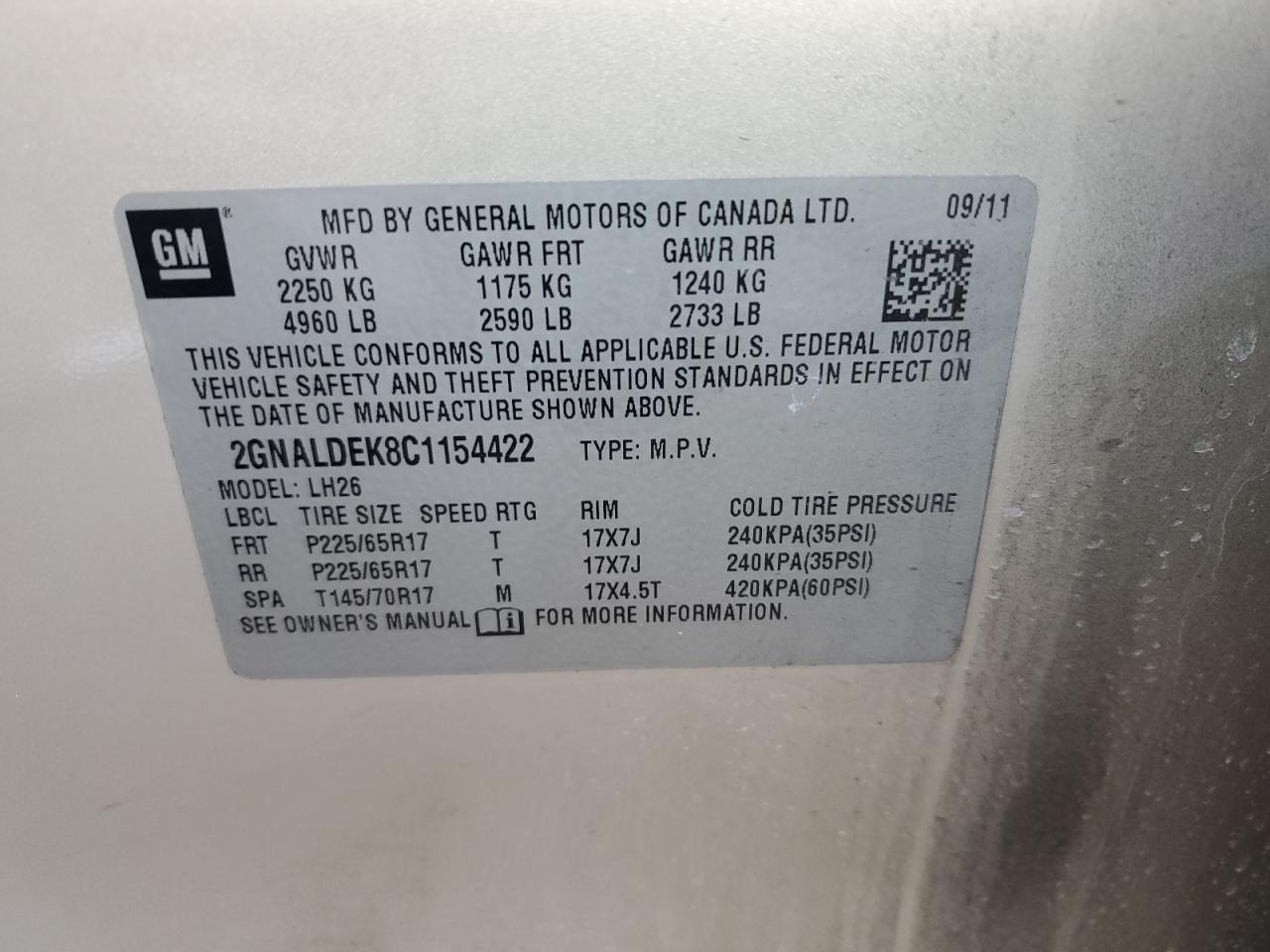 2012 Chevrolet Equinox Lt VIN: 2GNALDEK8C1154422 Lot: 75174793