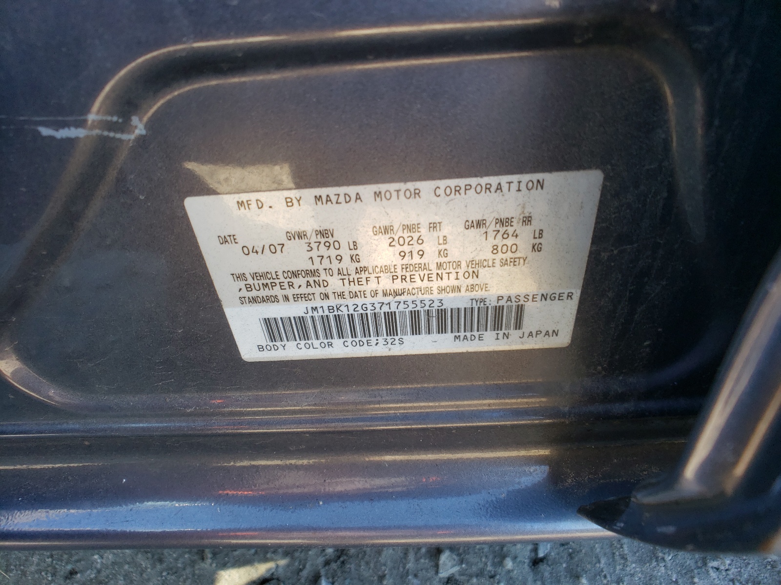 JM1BK12G371755523 2007 Mazda 3 I