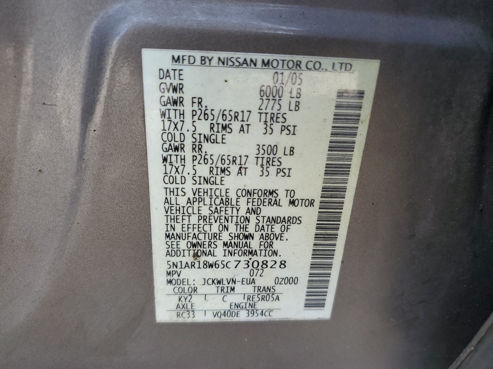 5N1AR18W65C730828 2005 Nissan Pathfinder Le