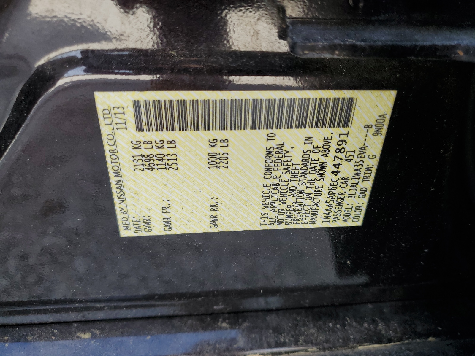 1N4AA5AP6EC447891 2014 Nissan Maxima S