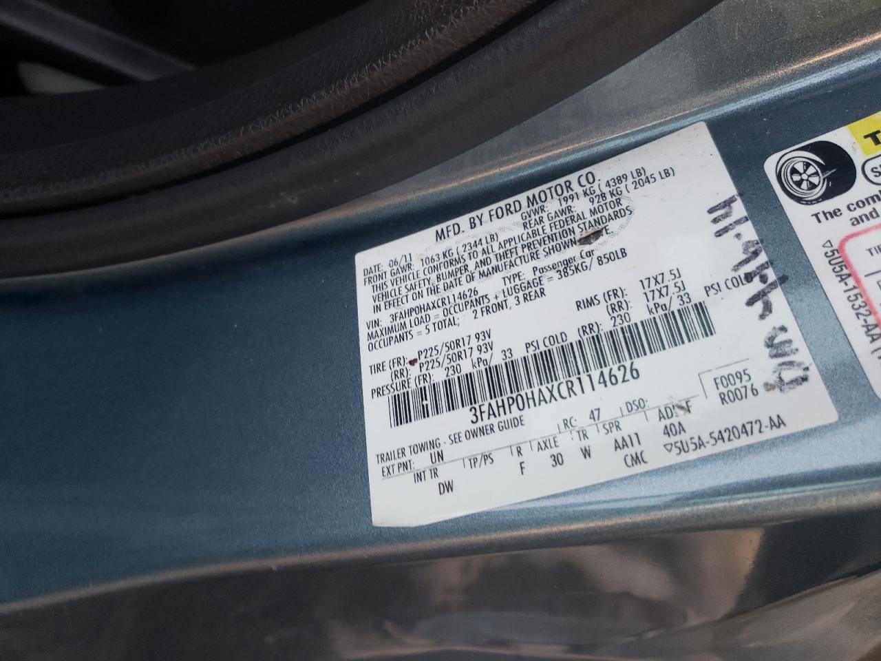 3FAHP0HAXCR114626 2012 Ford Fusion Se