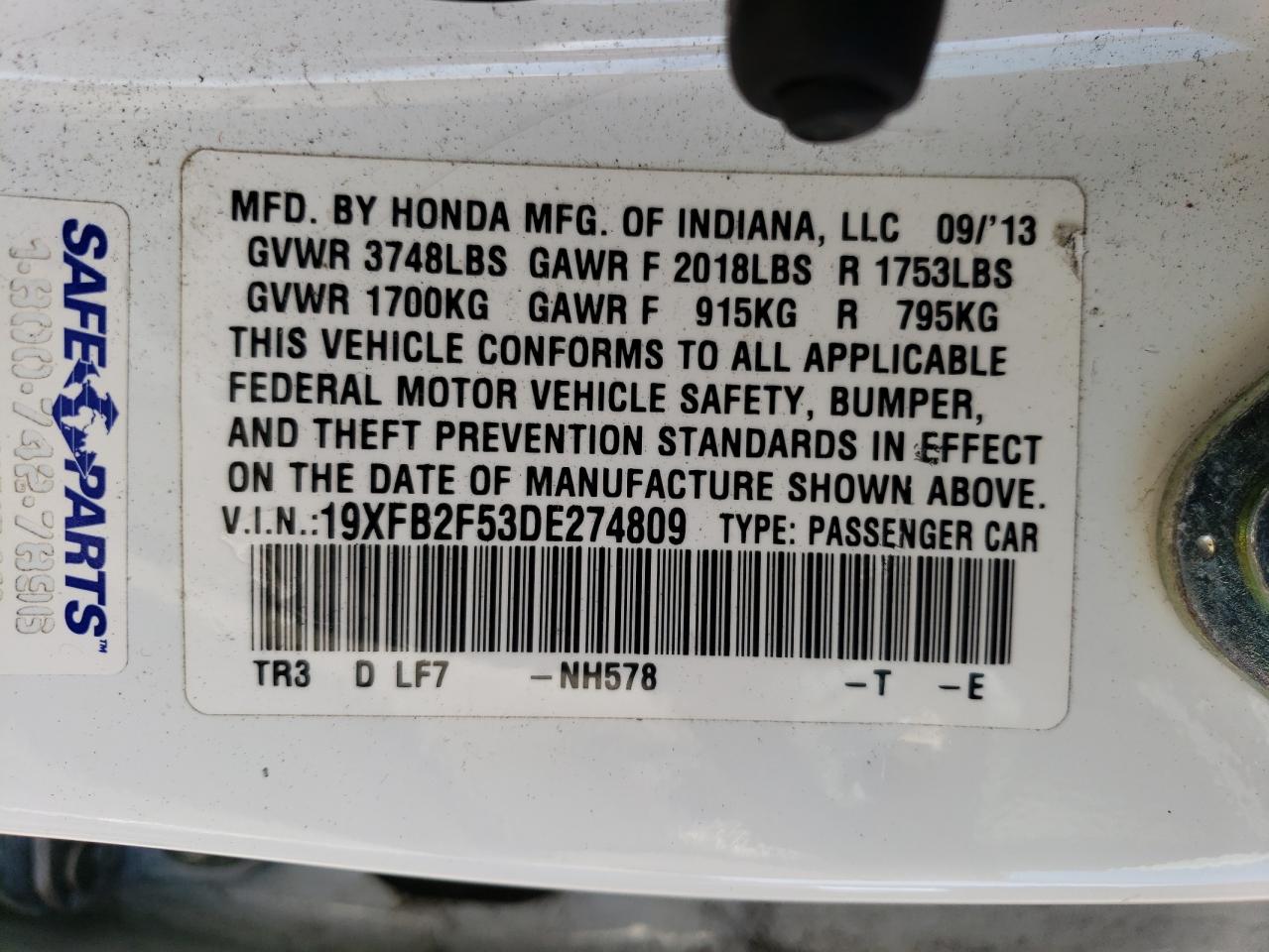 2013 Honda Civic Lx VIN: 19XFB2F53DE274809 Lot: 78336663