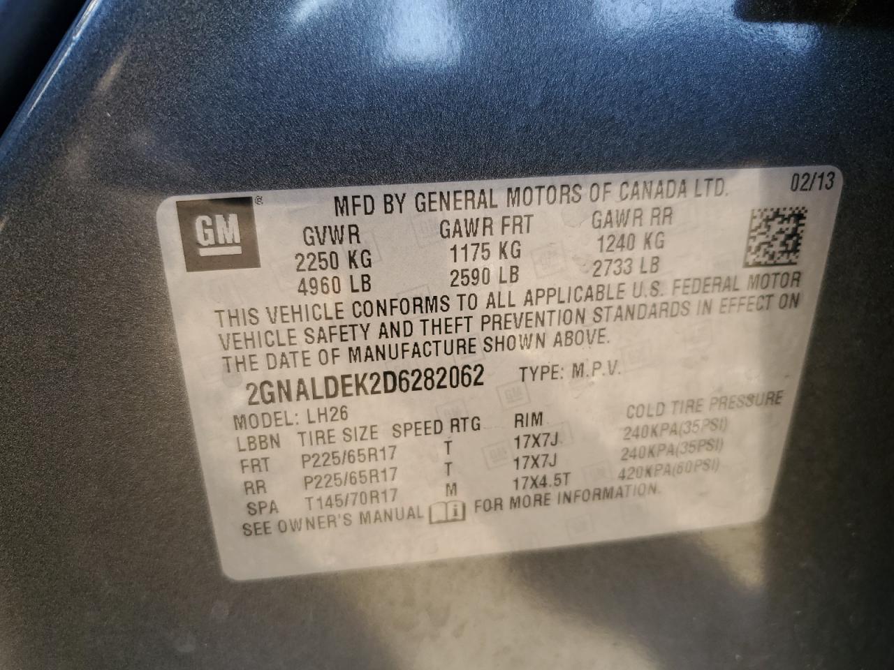 2013 Chevrolet Equinox Lt VIN: 2GNALDEK2D6282062 Lot: 74752423