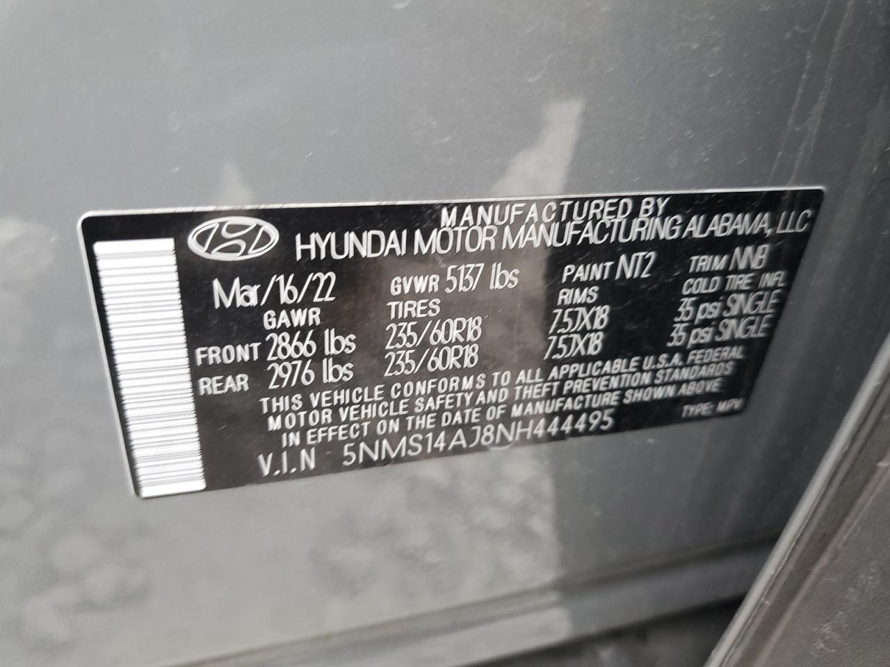 5NMS14AJ8NH444495 2022 Hyundai Santa Fe Se