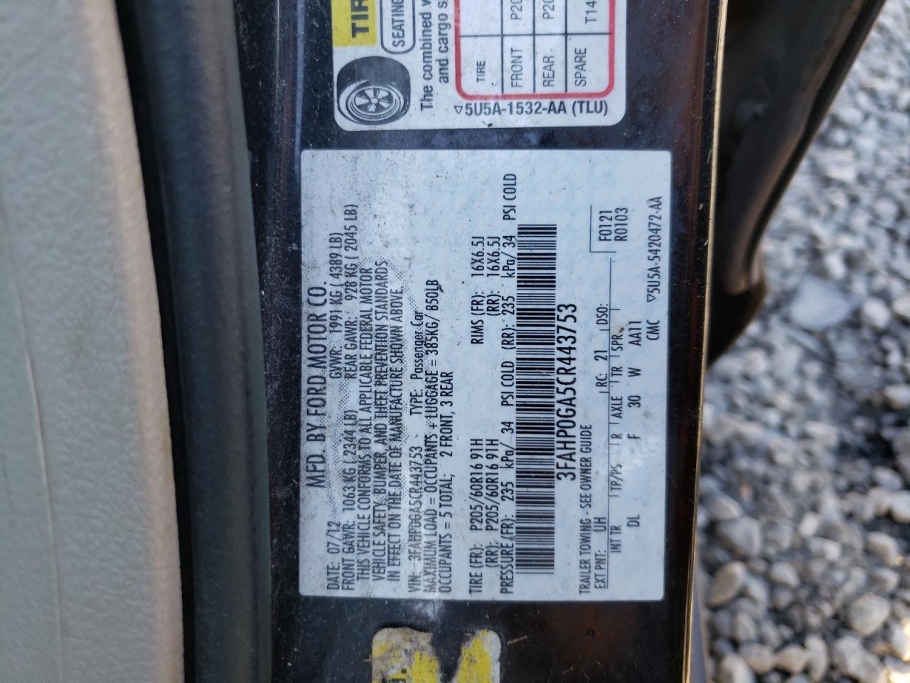 2012 Ford Fusion S VIN: 3FAHP0GA5CR443753 Lot: 76141363