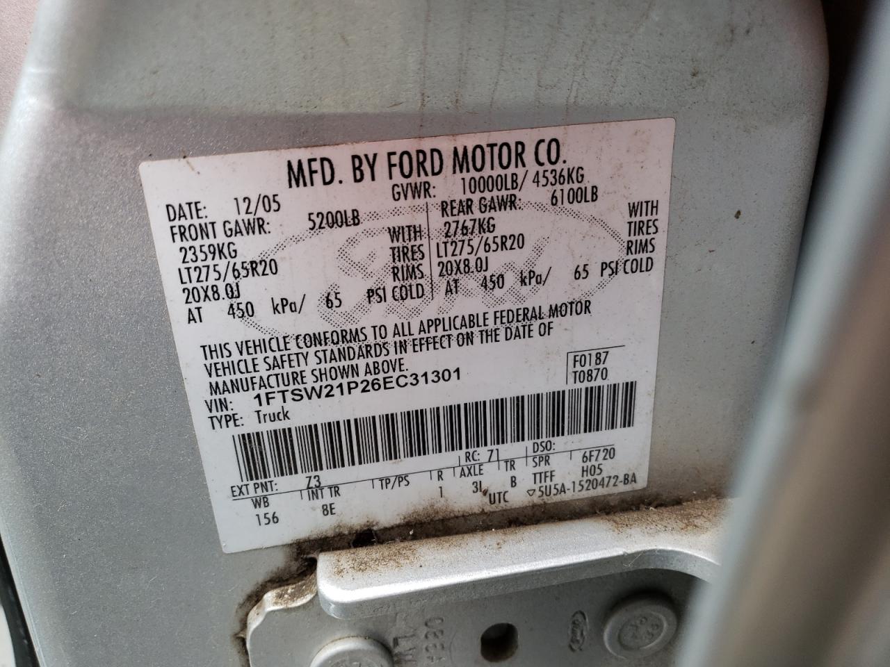 2006 Ford F250 Super Duty VIN: 1FTSW21P26EC31301 Lot: 74587033