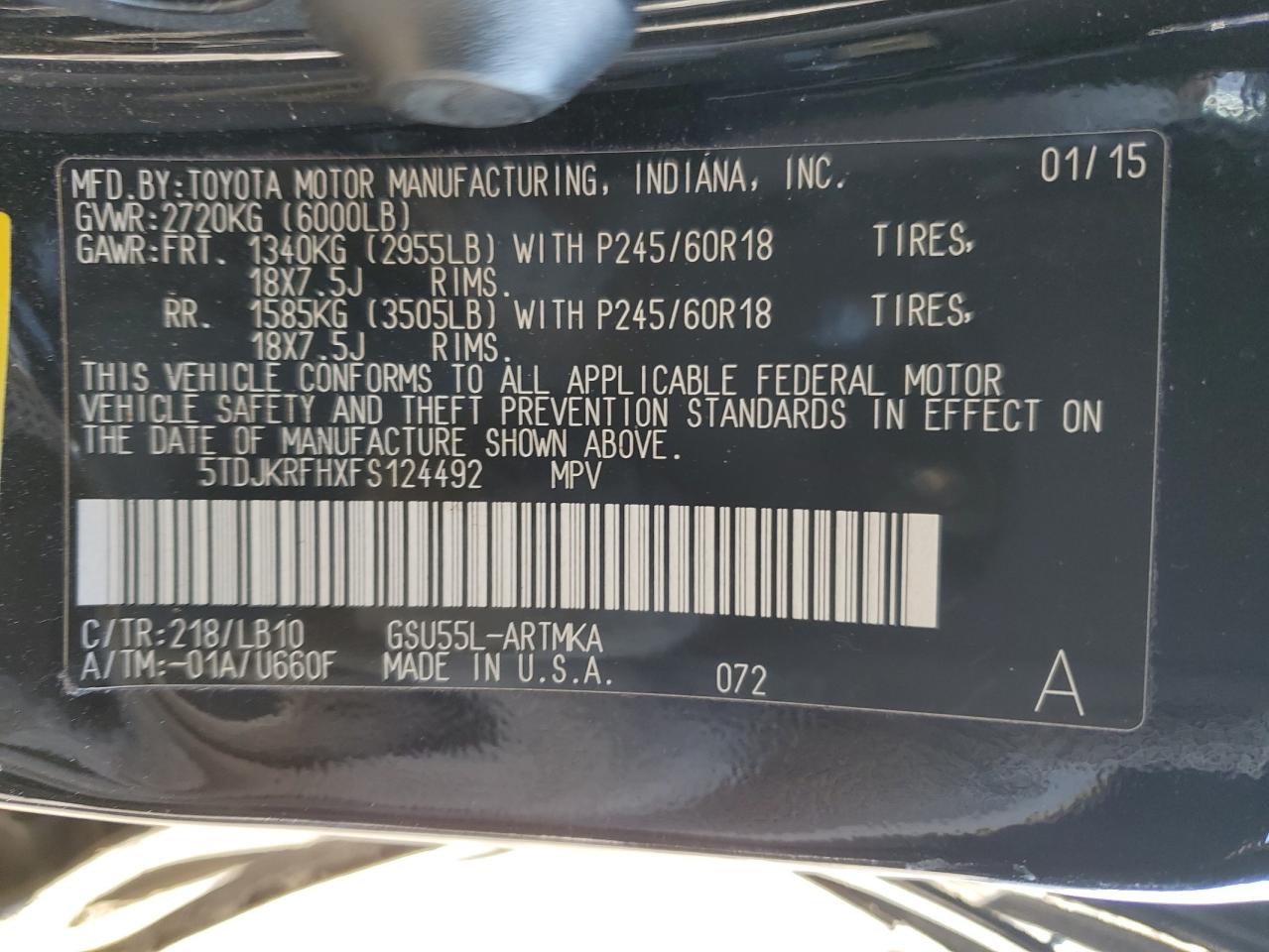 2015 Toyota Highlander Xle VIN: 5TDJKRFHXFS124492 Lot: 77354723