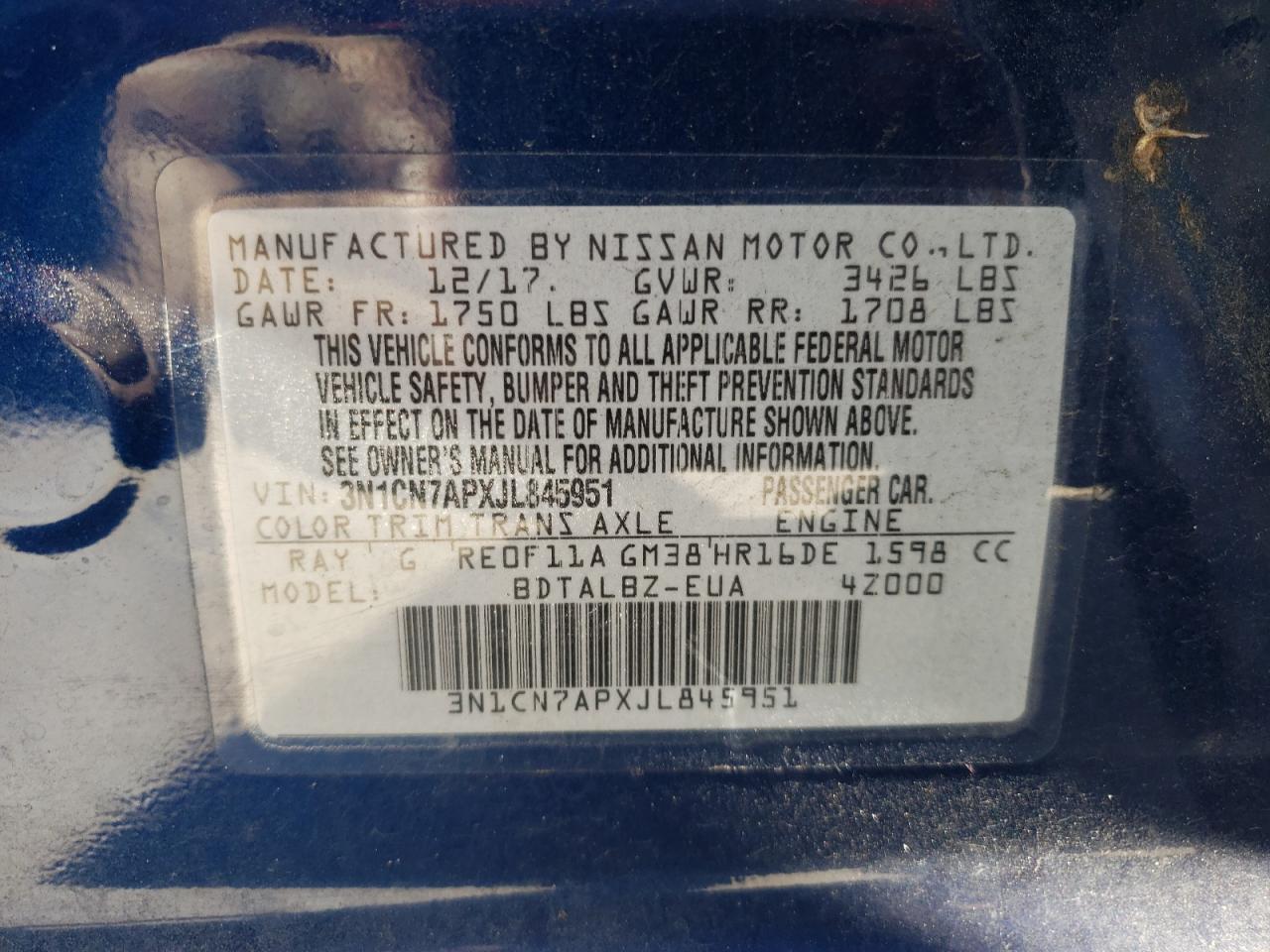 3N1CN7APXJL845951 2018 Nissan Versa S