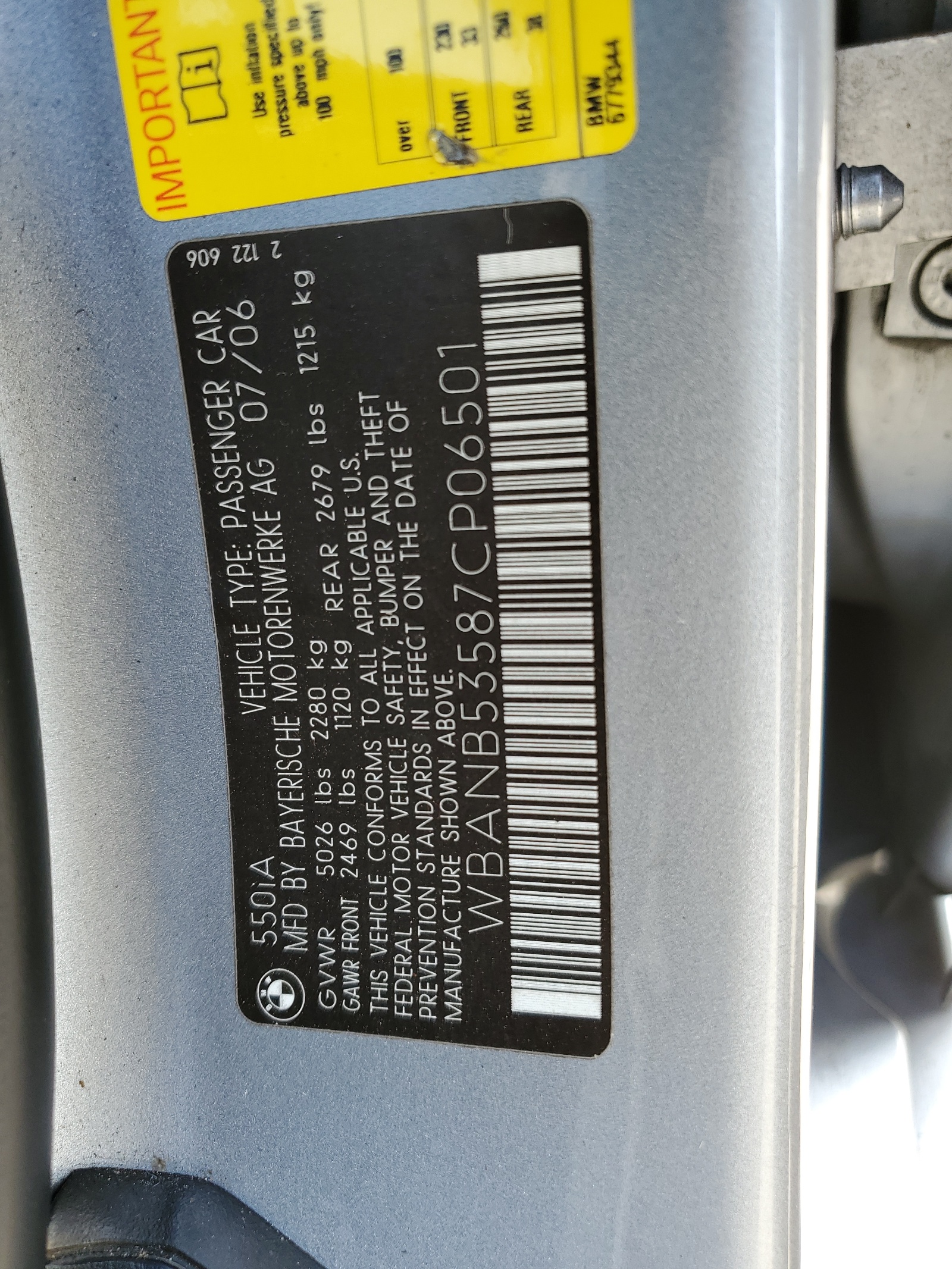 WBANB53587CP06501 2007 BMW 550 I