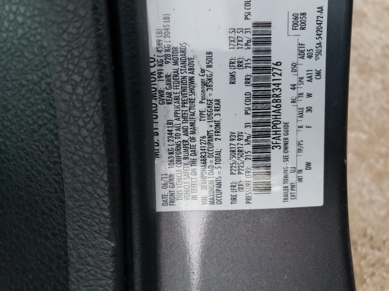 2011 Ford Fusion Se VIN: 3FAHP0HA6BR341276 Lot: 68136744