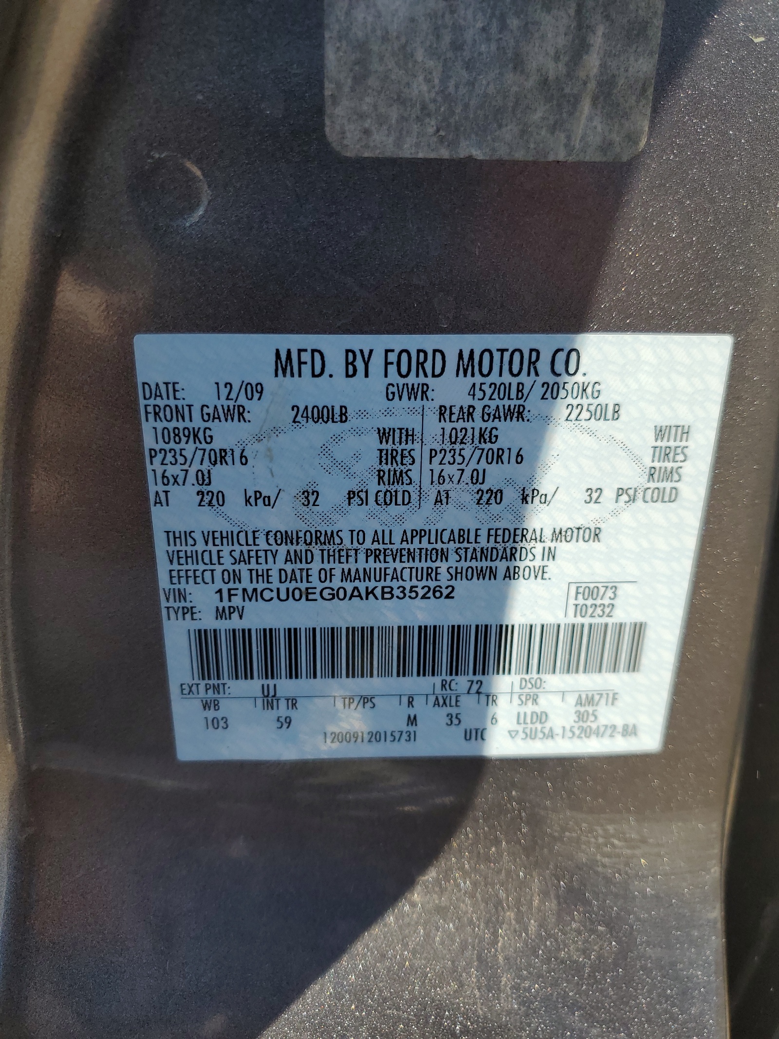 1FMCU0EG0AKB35262 2010 Ford Escape Limited