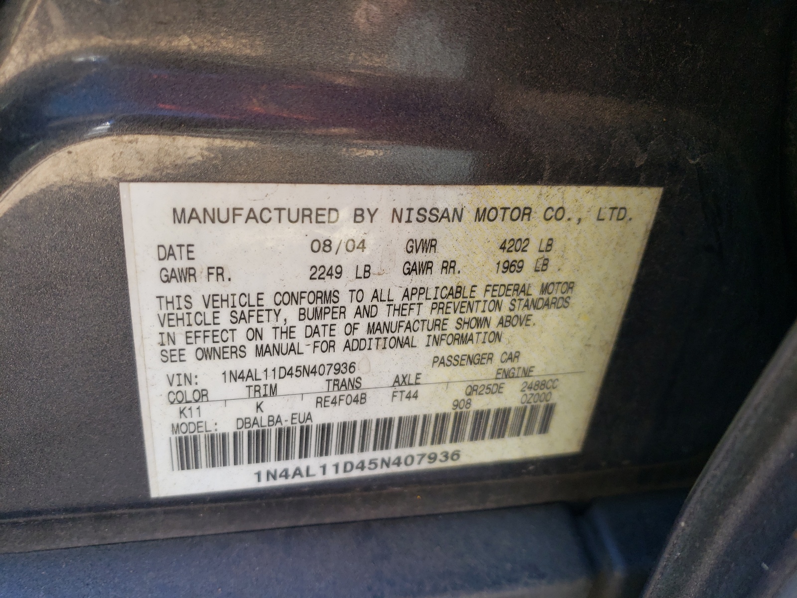 1N4AL11D45N407936 2005 Nissan Altima S