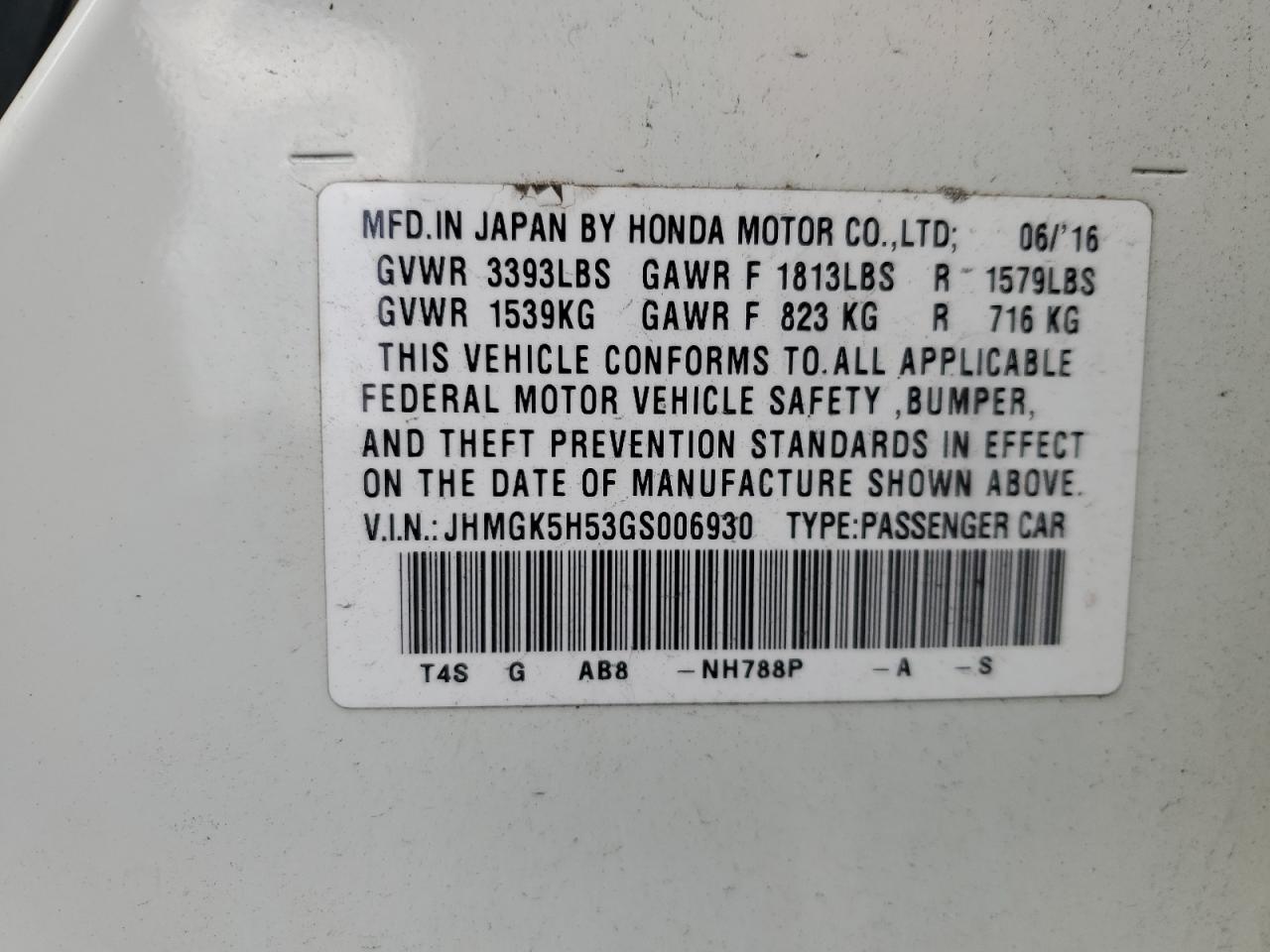 JHMGK5H53GS006930 2016 Honda Fit Lx