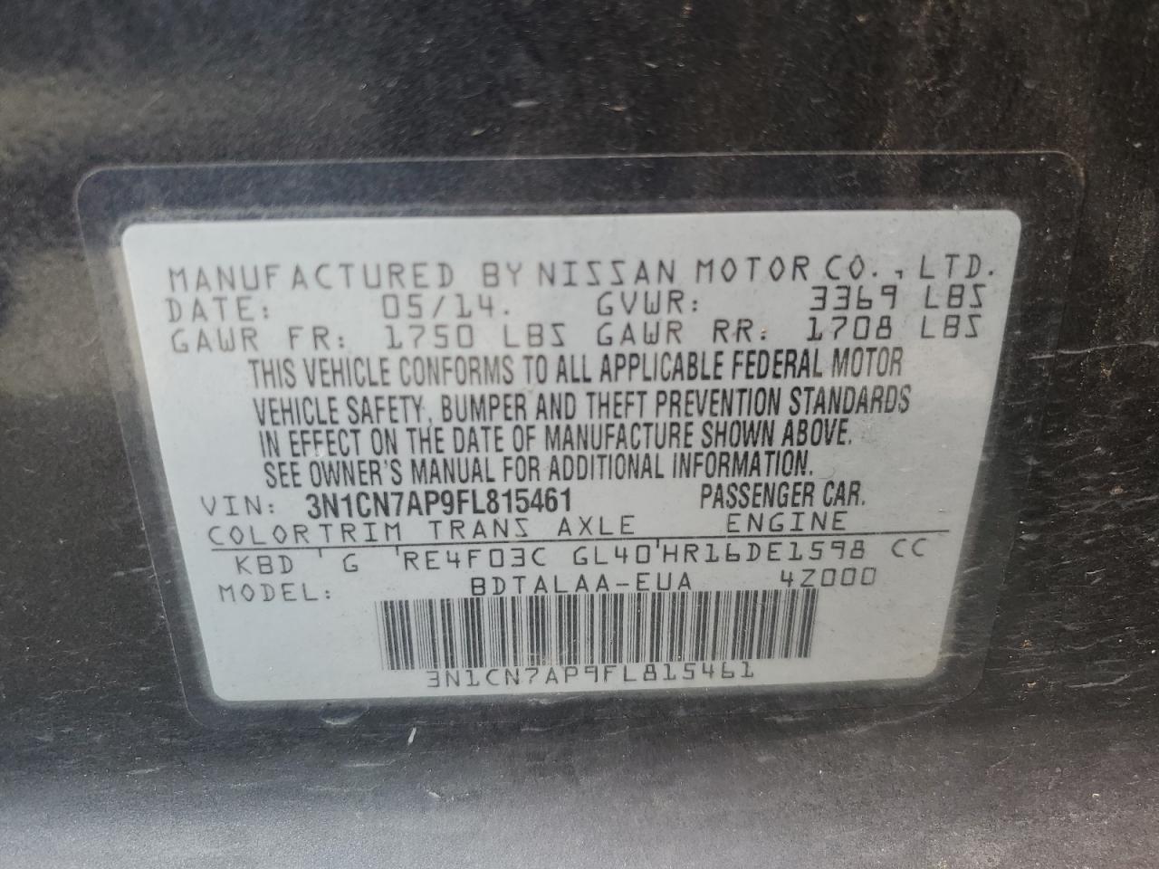 3N1CN7AP9FL815461 2015 Nissan Versa S