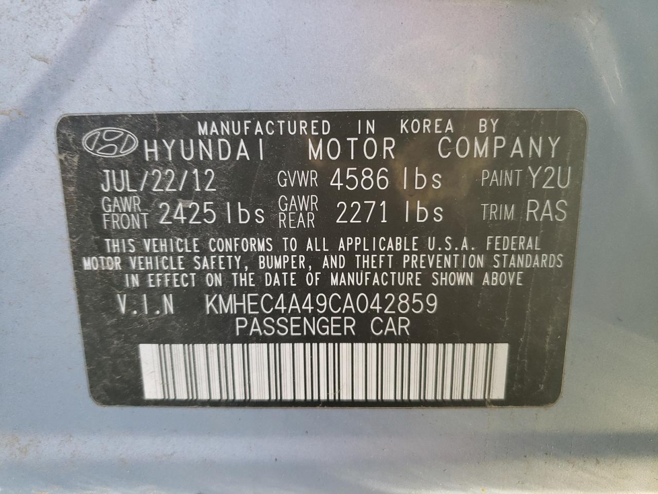 2012 Hyundai Sonata Hybrid VIN: KMHEC4A49CA042859 Lot: 76391063