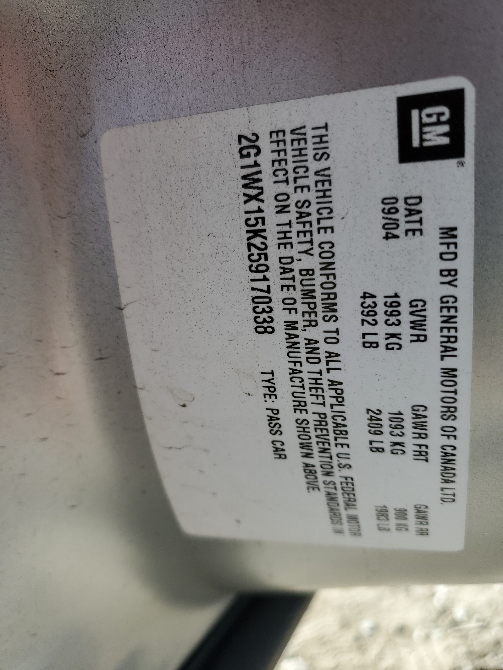 2G1WX15K259170338 2005 Chevrolet Monte Carlo Lt