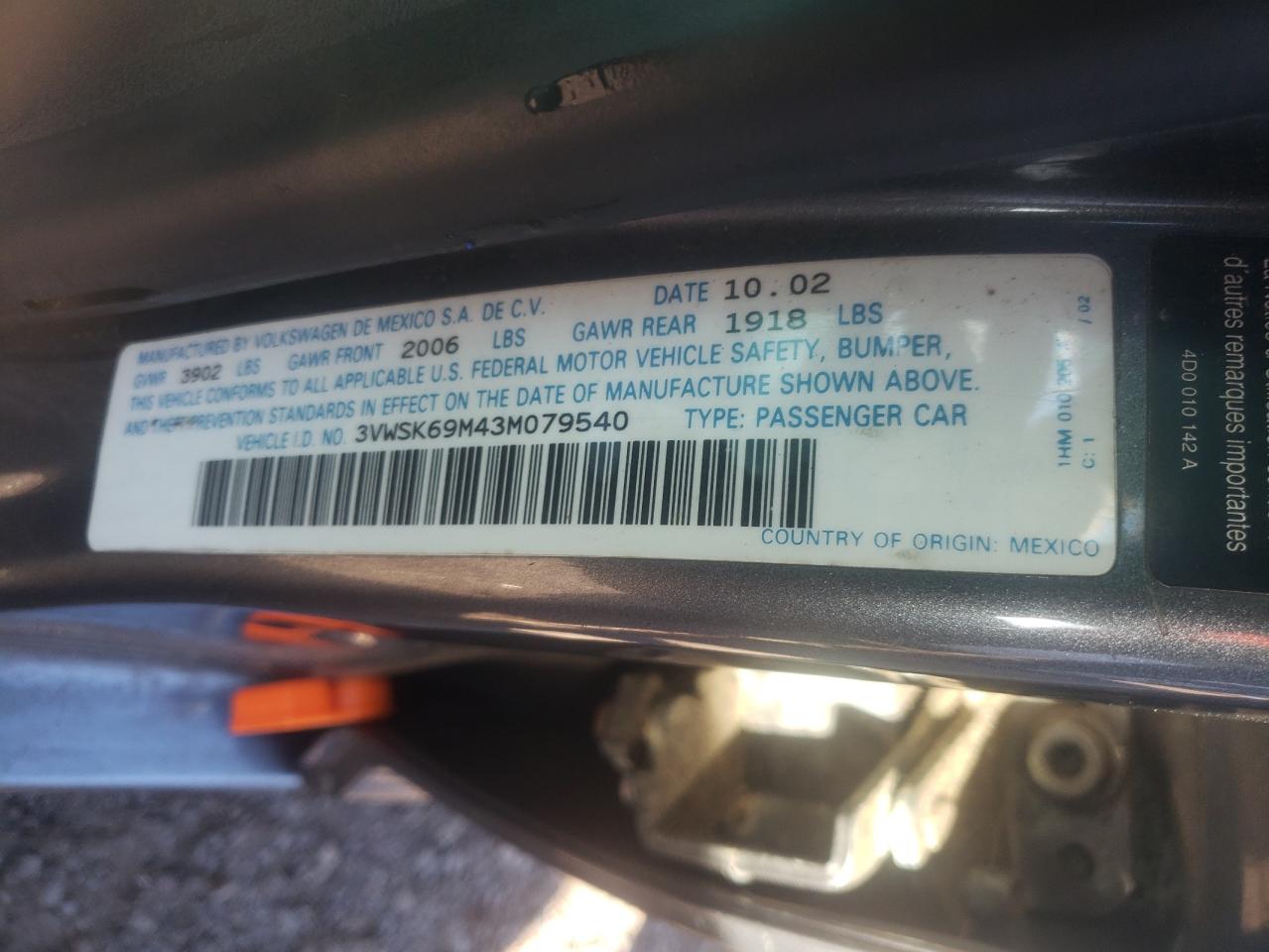2003 Volkswagen Jetta Gls VIN: 3VWSK69M43M079540 Lot: 74001164
