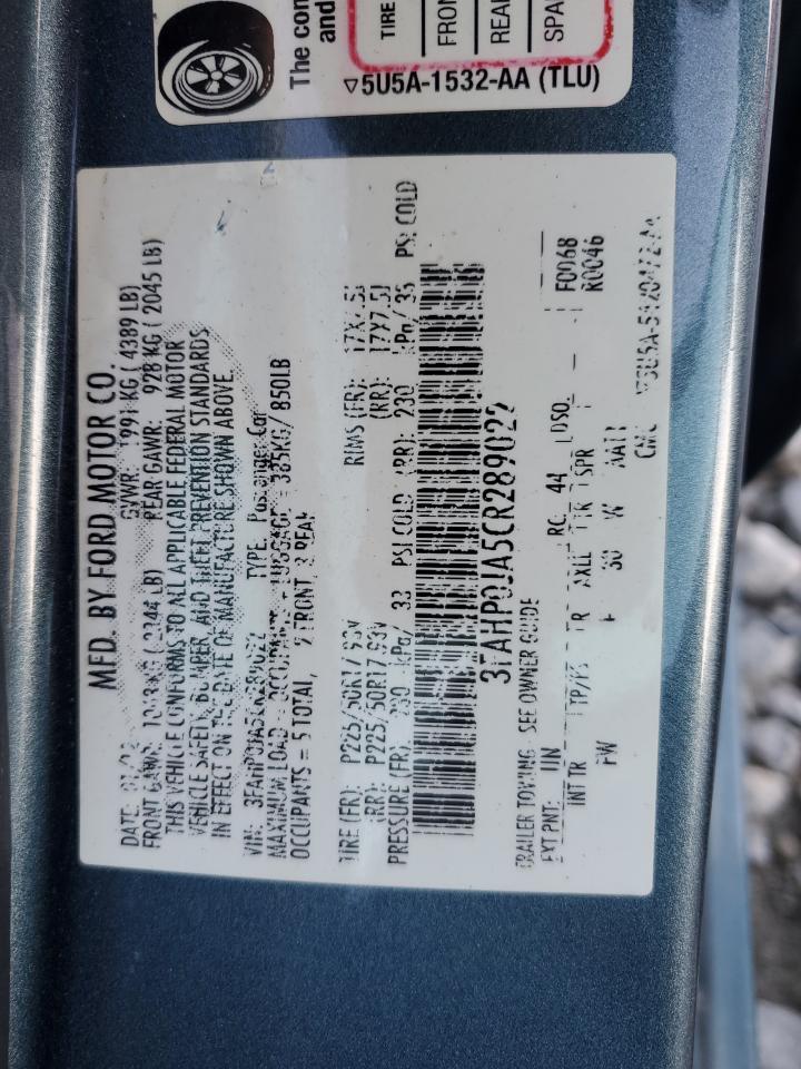 2012 Ford Fusion Sel VIN: 3FAHP0JA5CR289022 Lot: 81079133