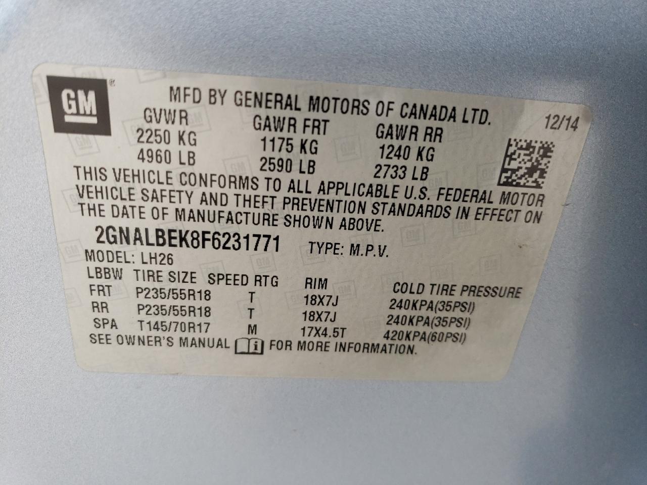 2GNALBEK8F6231771 2015 Chevrolet Equinox Lt