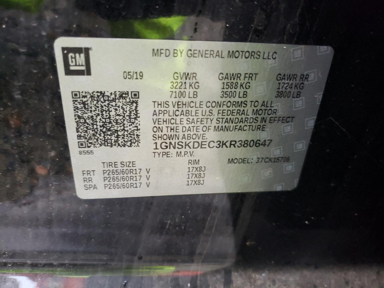 2019 Chevrolet Tahoe Police VIN: 1GNSKDEC3KR380647 Lot: 74965023