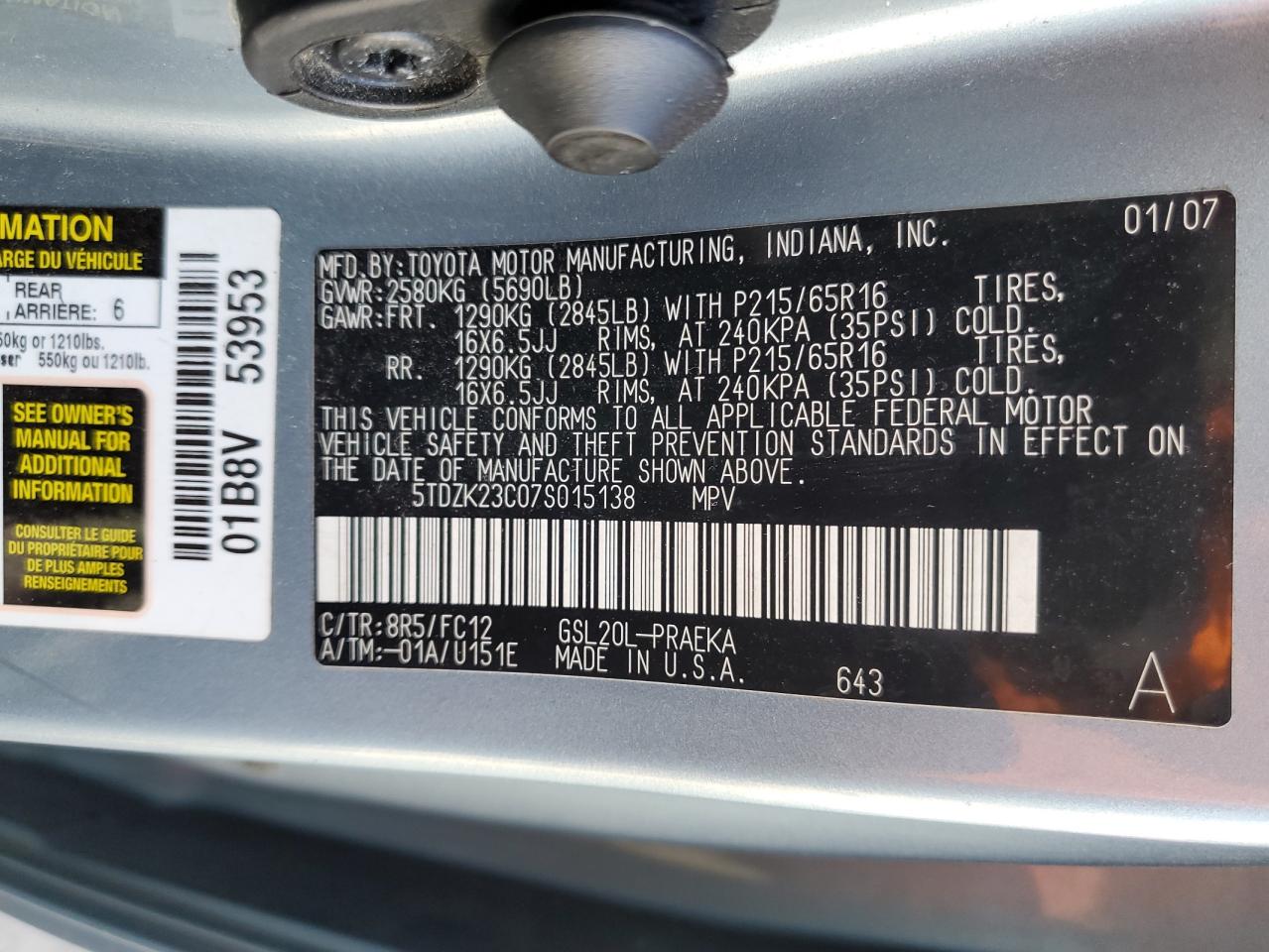 5TDZK23C07S015138 2007 Toyota Sienna Ce