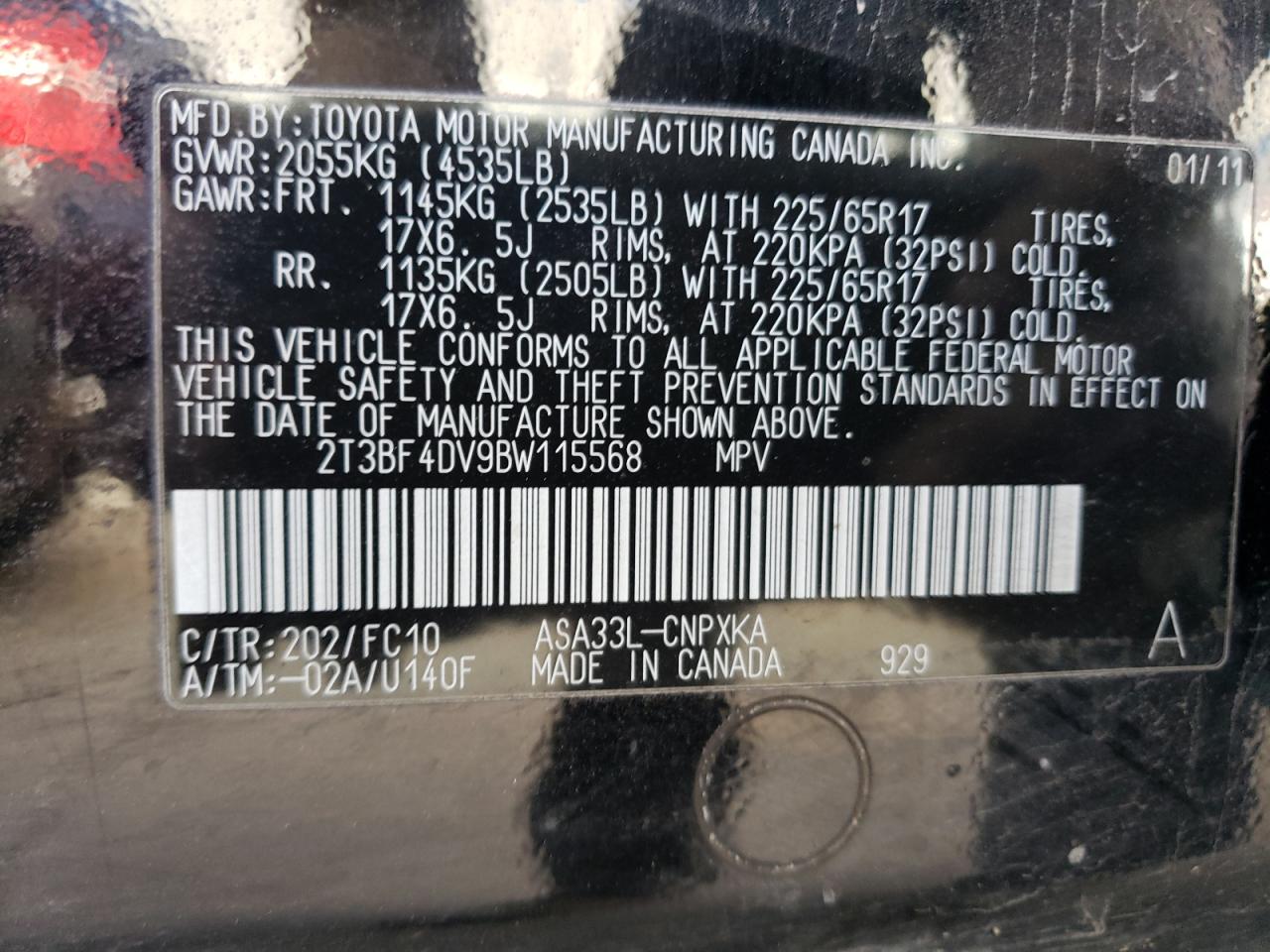 2011 Toyota Rav4 VIN: 2T3BF4DV9BW115568 Lot: 72017083