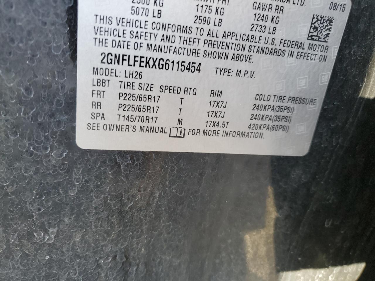 2GNFLFEKXG6115454 2016 Chevrolet Equinox Lt