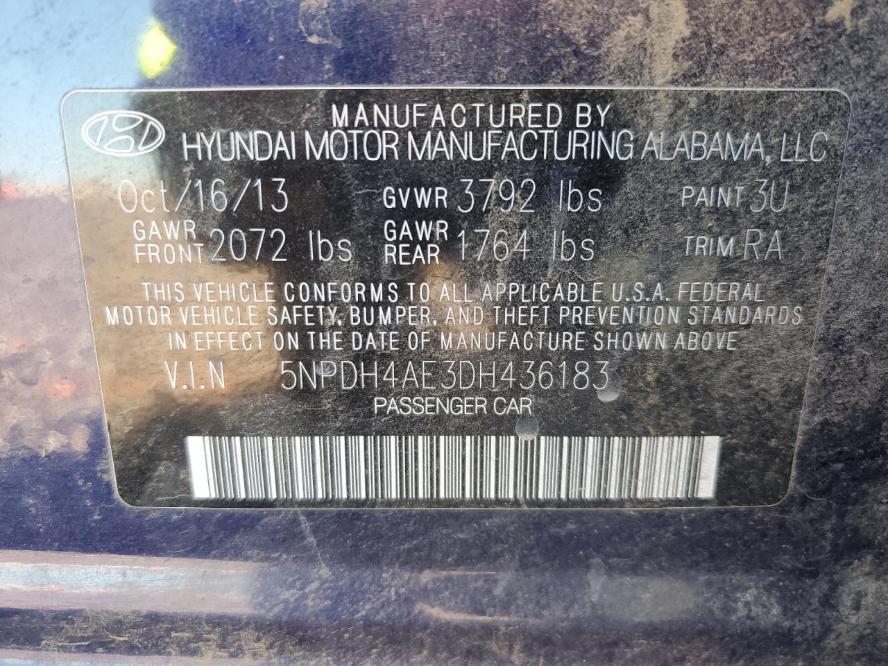 2013 Hyundai Elantra Gls VIN: 5NPDH4AE3DH436183 Lot: 77291843