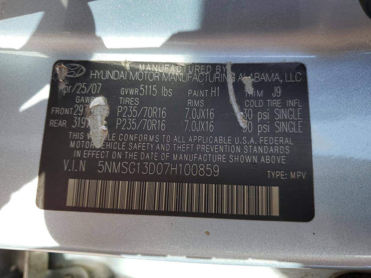 2007 Hyundai Santa Fe Gls VIN: 5NMSG13D07H100859 Lot: 78224653