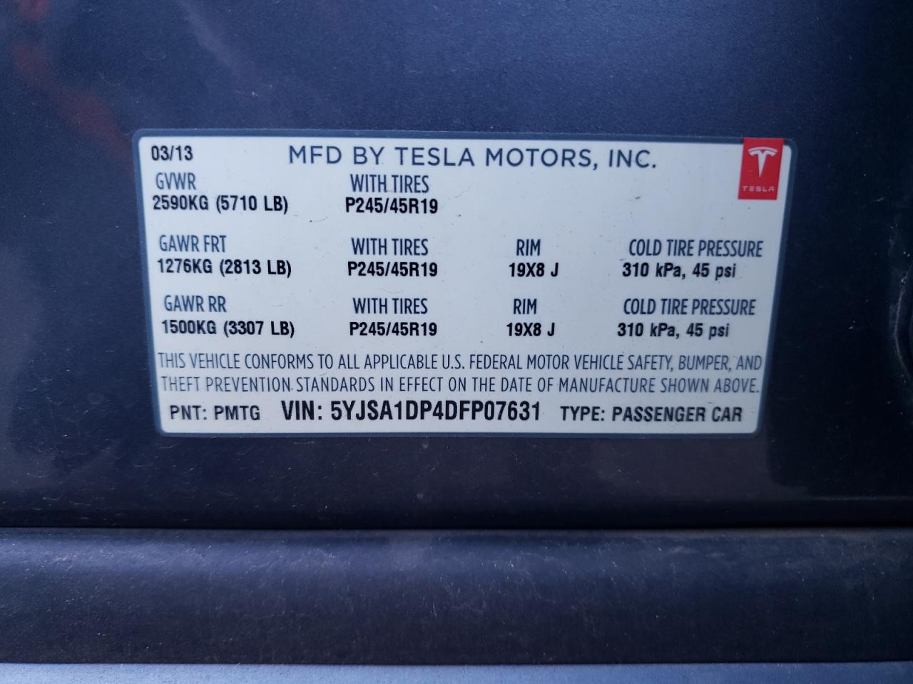 2013 Tesla Model S VIN: 5YJSA1DP4DFP07631 Lot: 68707064