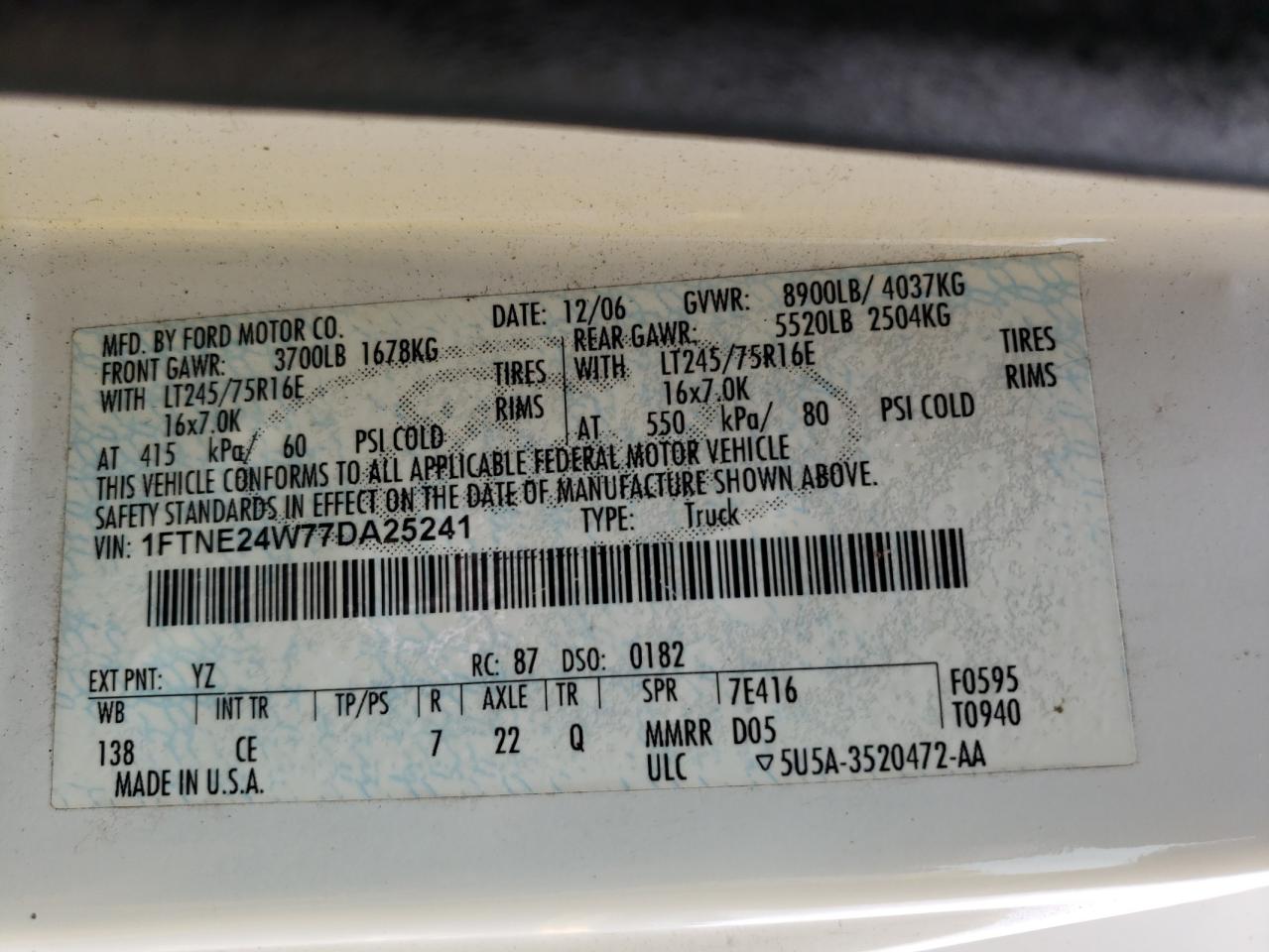 2007 Ford Econoline E250 Van VIN: 1FTNE24W77DA25241 Lot: 65792895