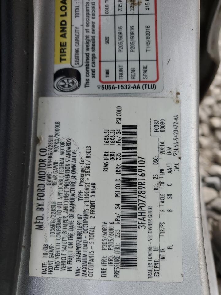 2009 Ford Fusion Se VIN: 3FAHP07Z89R169107 Lot: 57744294