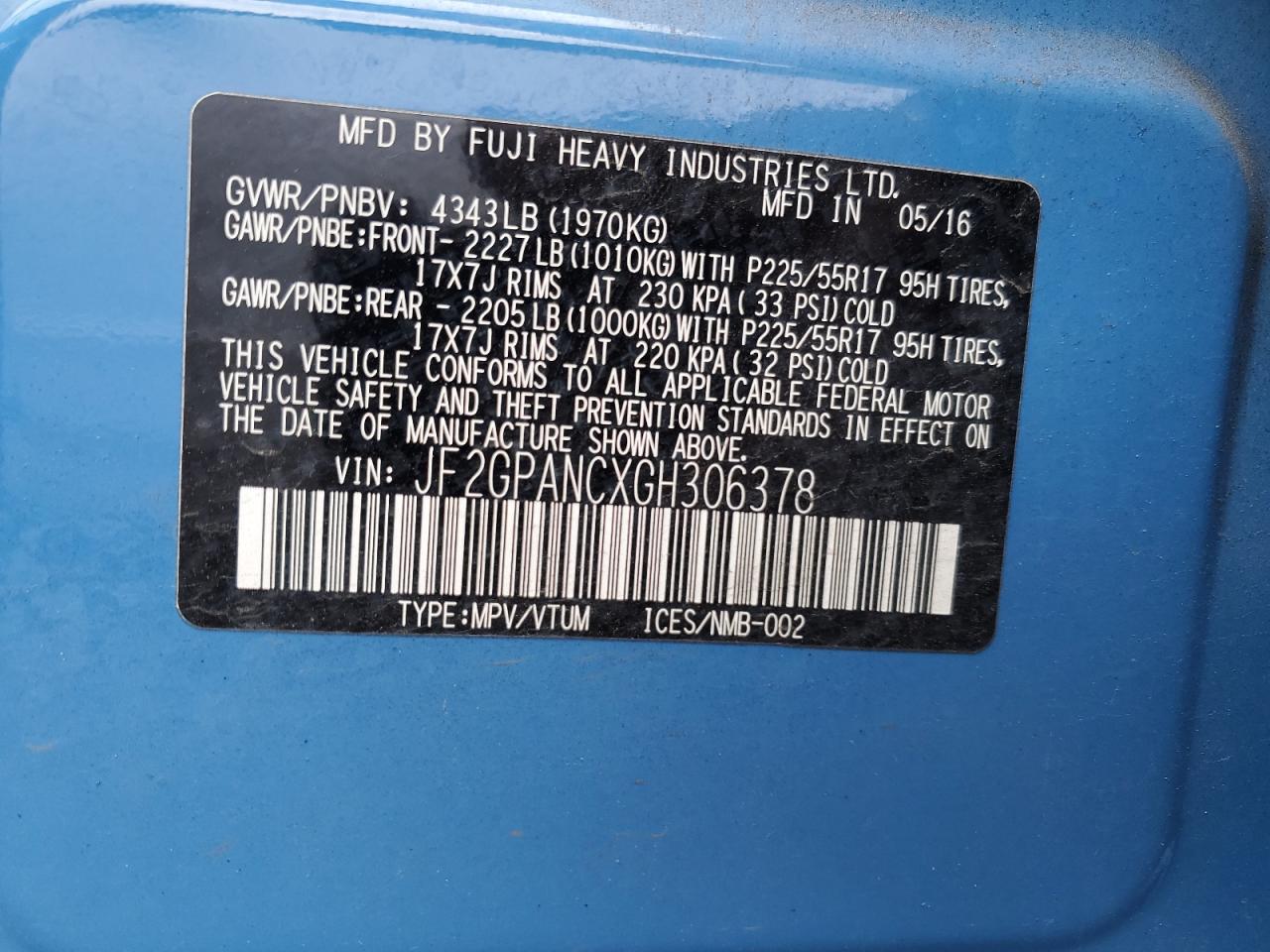 2016 Subaru Crosstrek Limited VIN: JF2GPANCXGH306378 Lot: 74330163