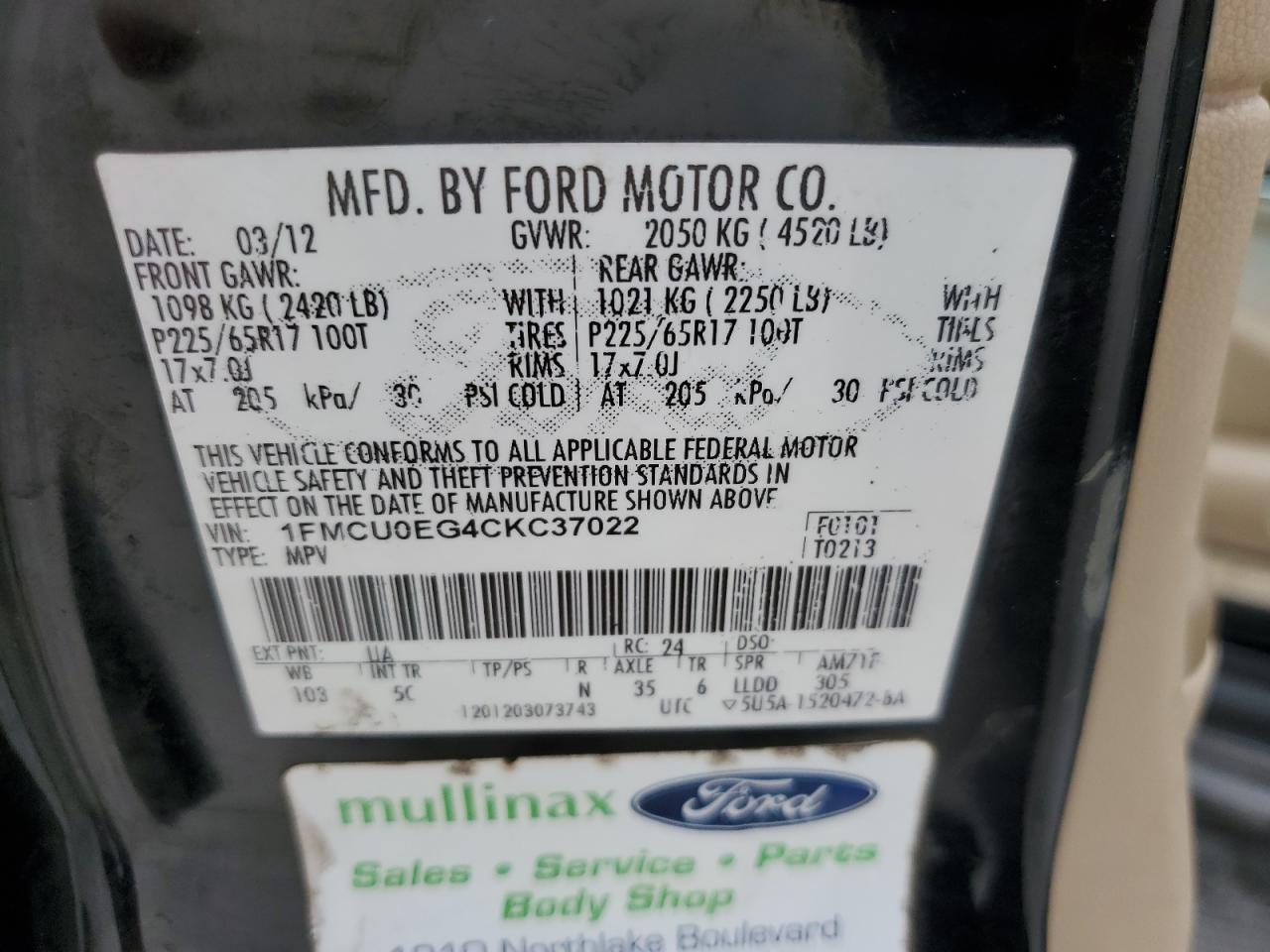 2012 Ford Escape Limited VIN: 1FMCU0EG4CKC37022 Lot: 76317663