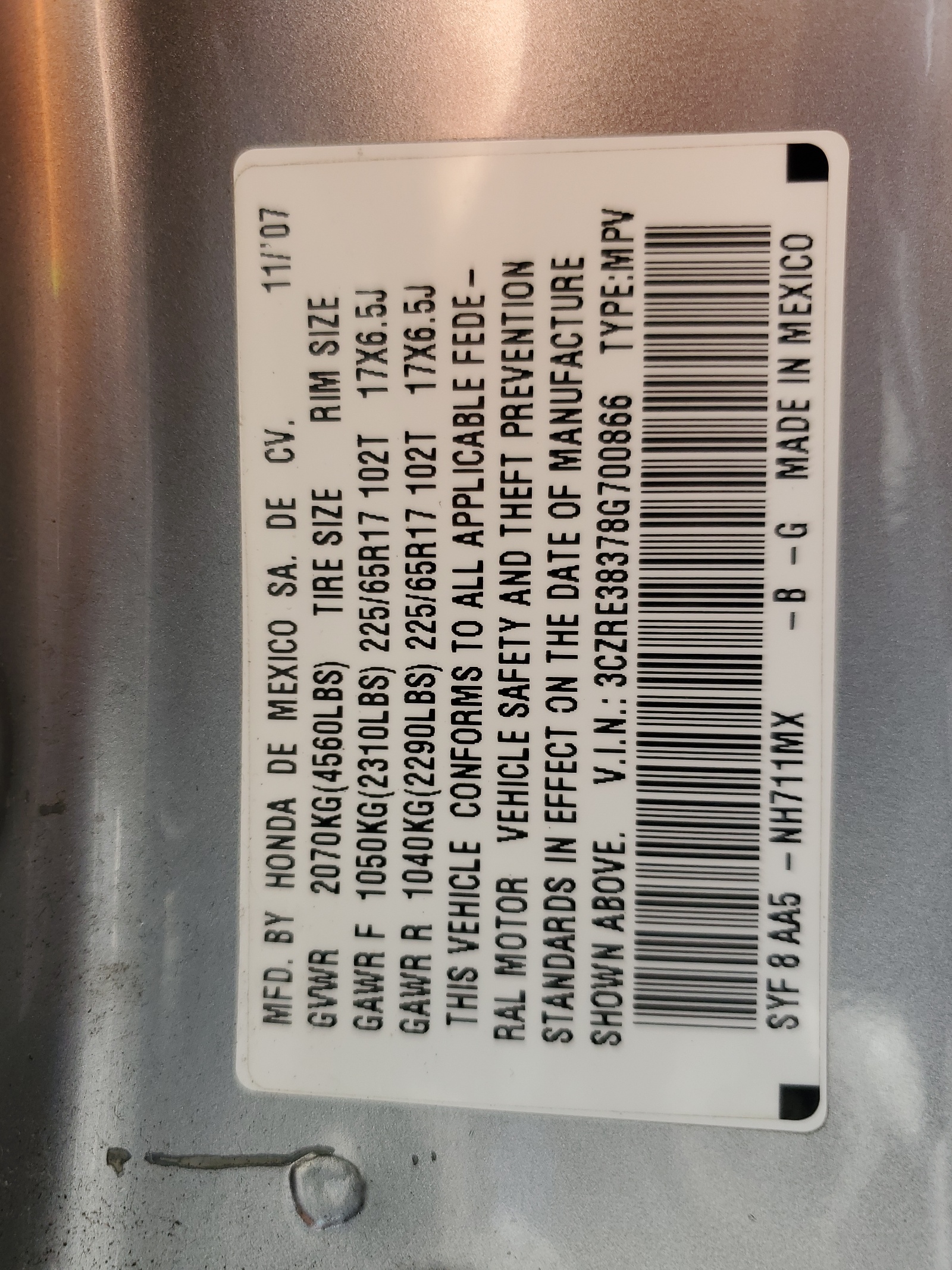 3CZRE38378G700866 2008 Honda Cr-V Lx