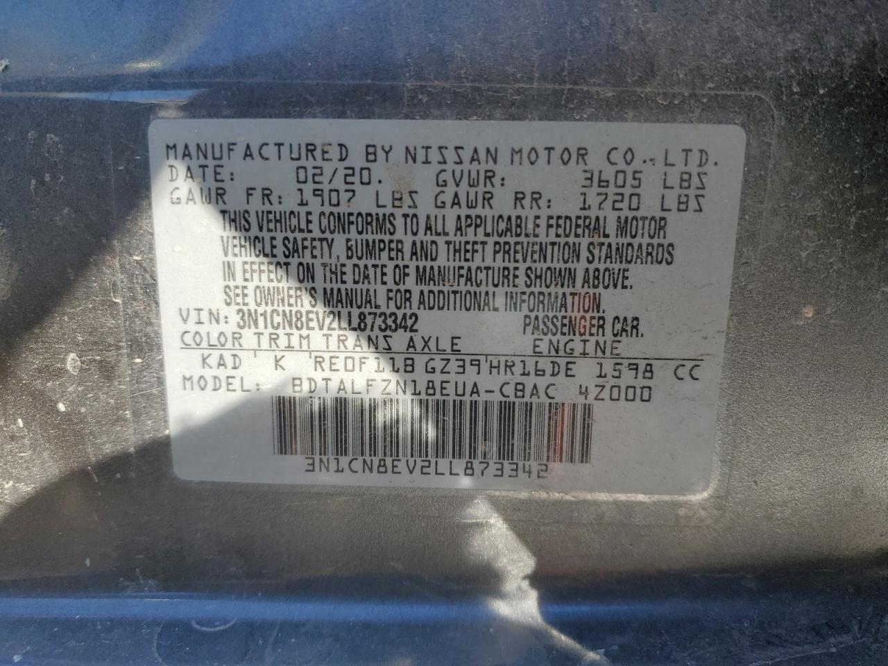 3N1CN8EV2LL873342 2020 Nissan Versa Sv