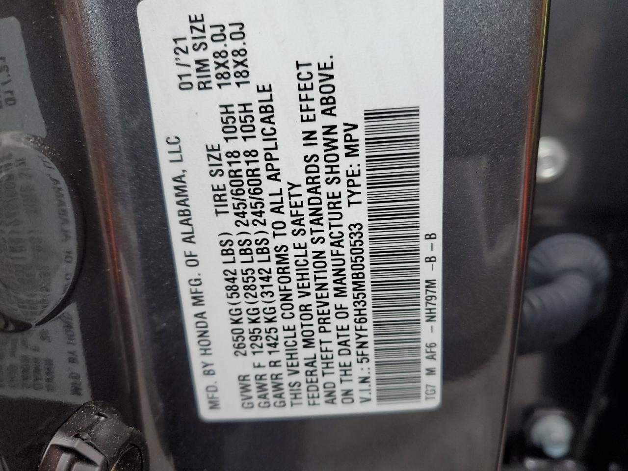 5FNYF6H35MB050533 2021 Honda Pilot Ex