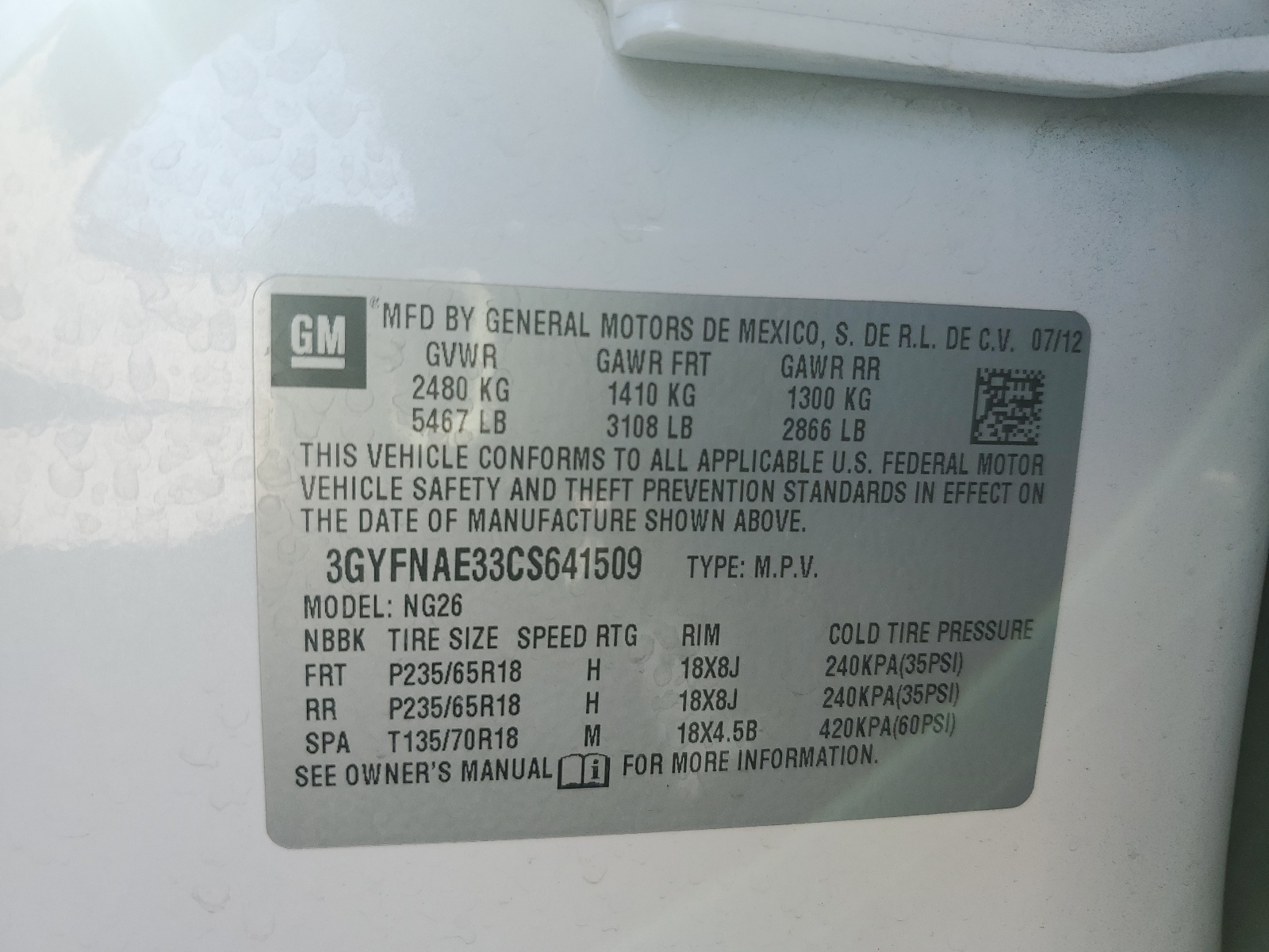 3GYFNAE33CS641509 2012 Cadillac Srx Luxury Collection