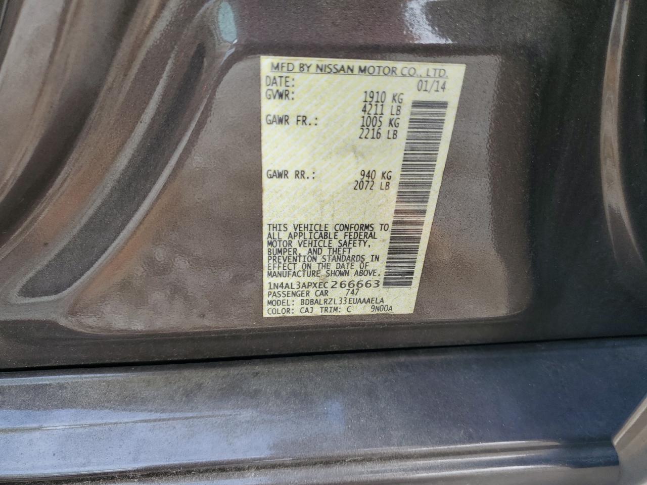 2014 Nissan Altima 2.5 VIN: 1N4AL3APXEC266663 Lot: 85271805