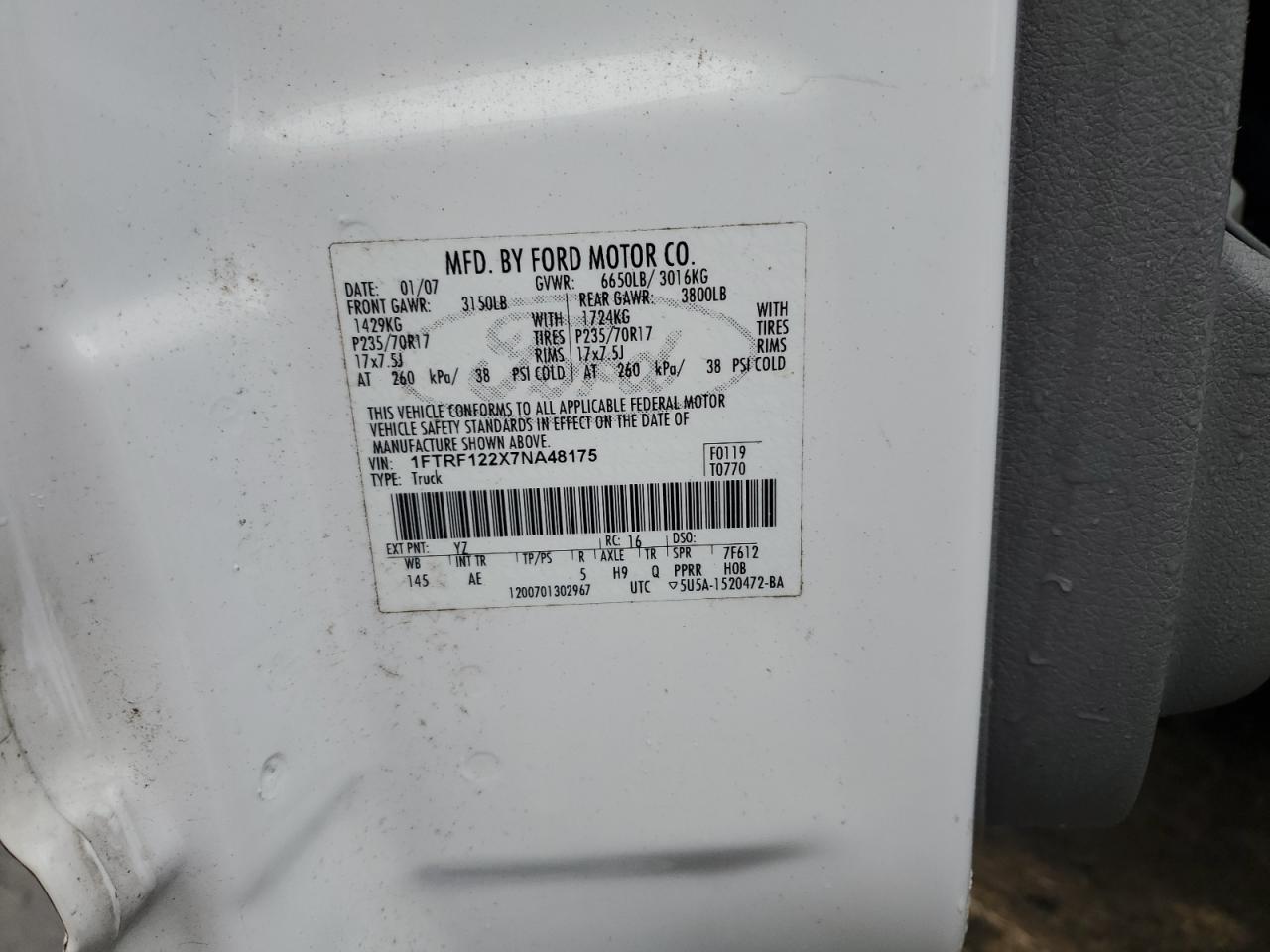 2007 Ford F150 VIN: 1FTRF122X7NA48175 Lot: 77681483