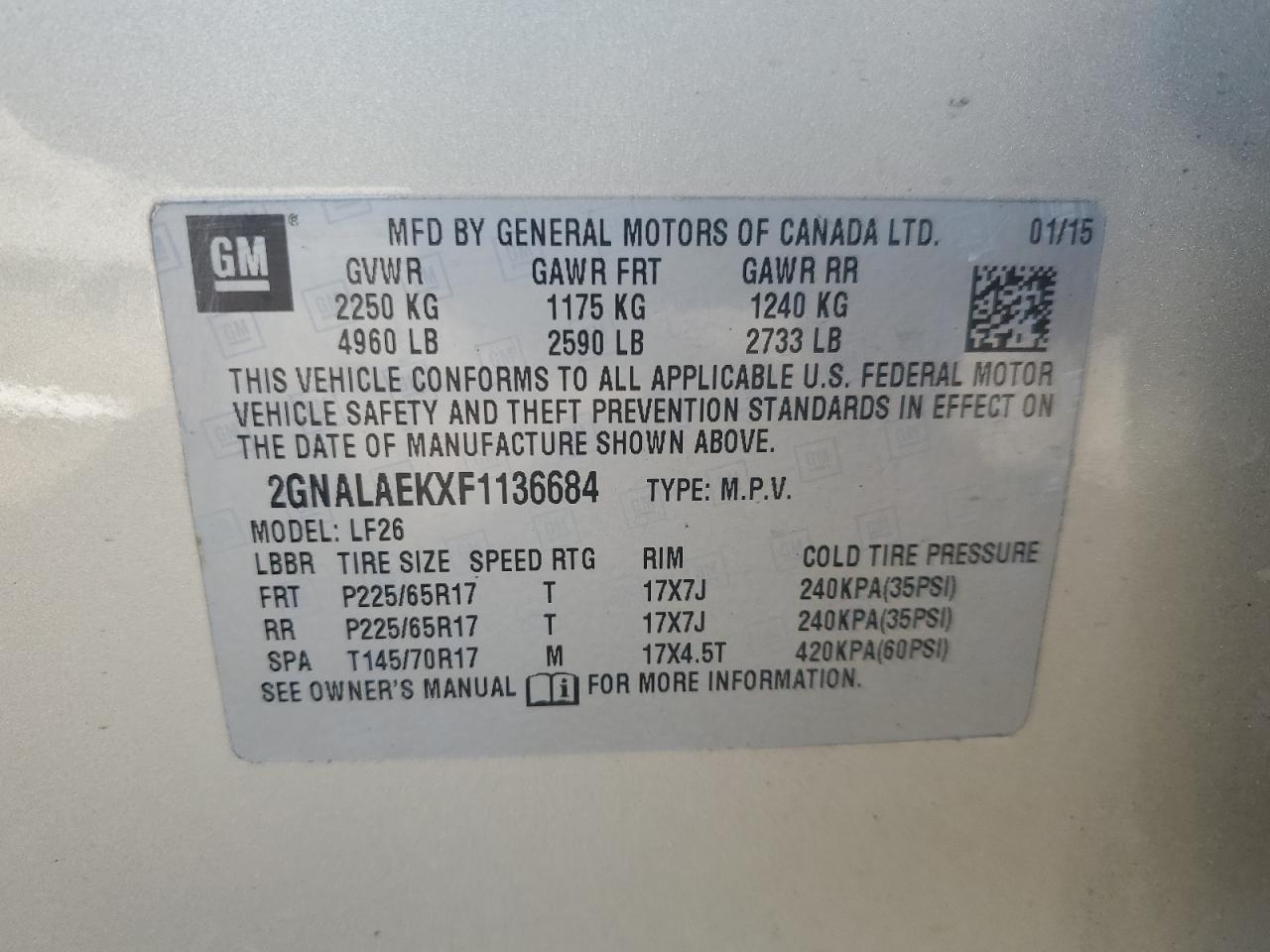 2GNALAEKXF1136684 2015 Chevrolet Equinox Ls