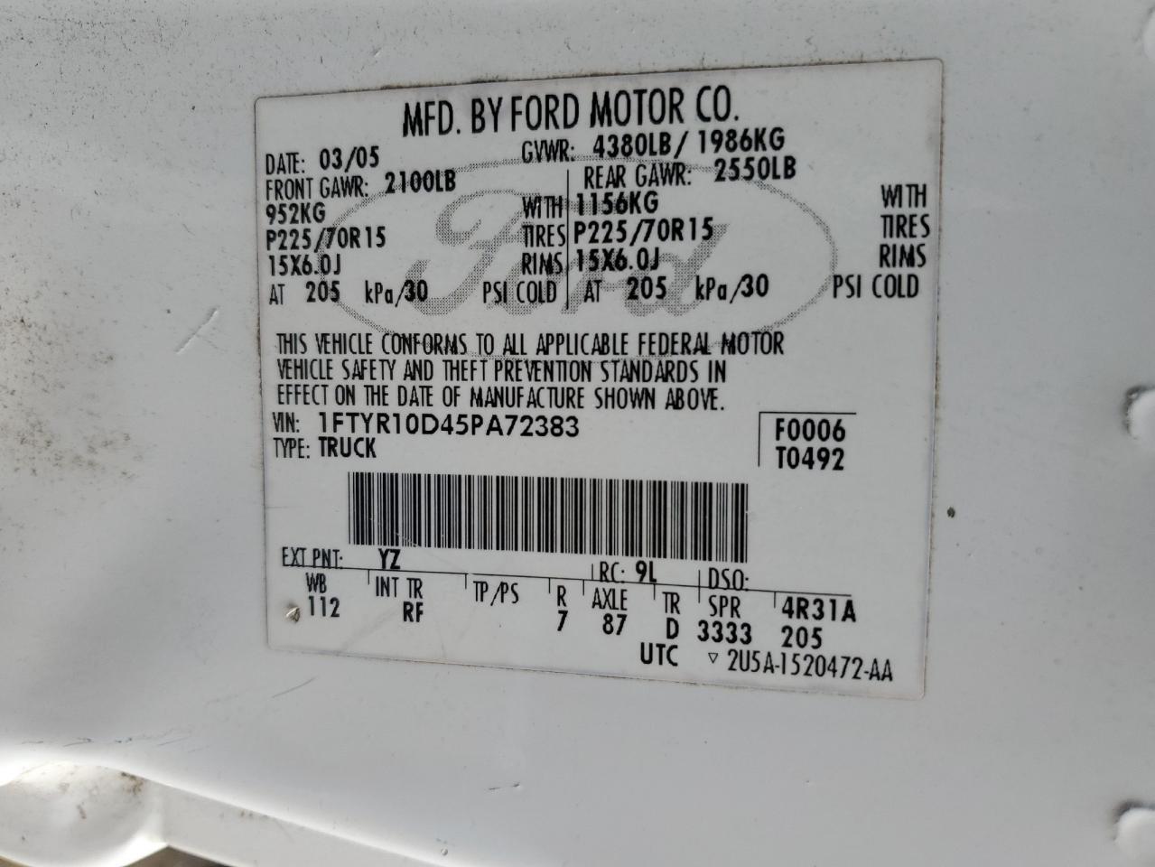 2005 Ford Ranger VIN: 1FTYR10D45PA72383 Lot: 75398353