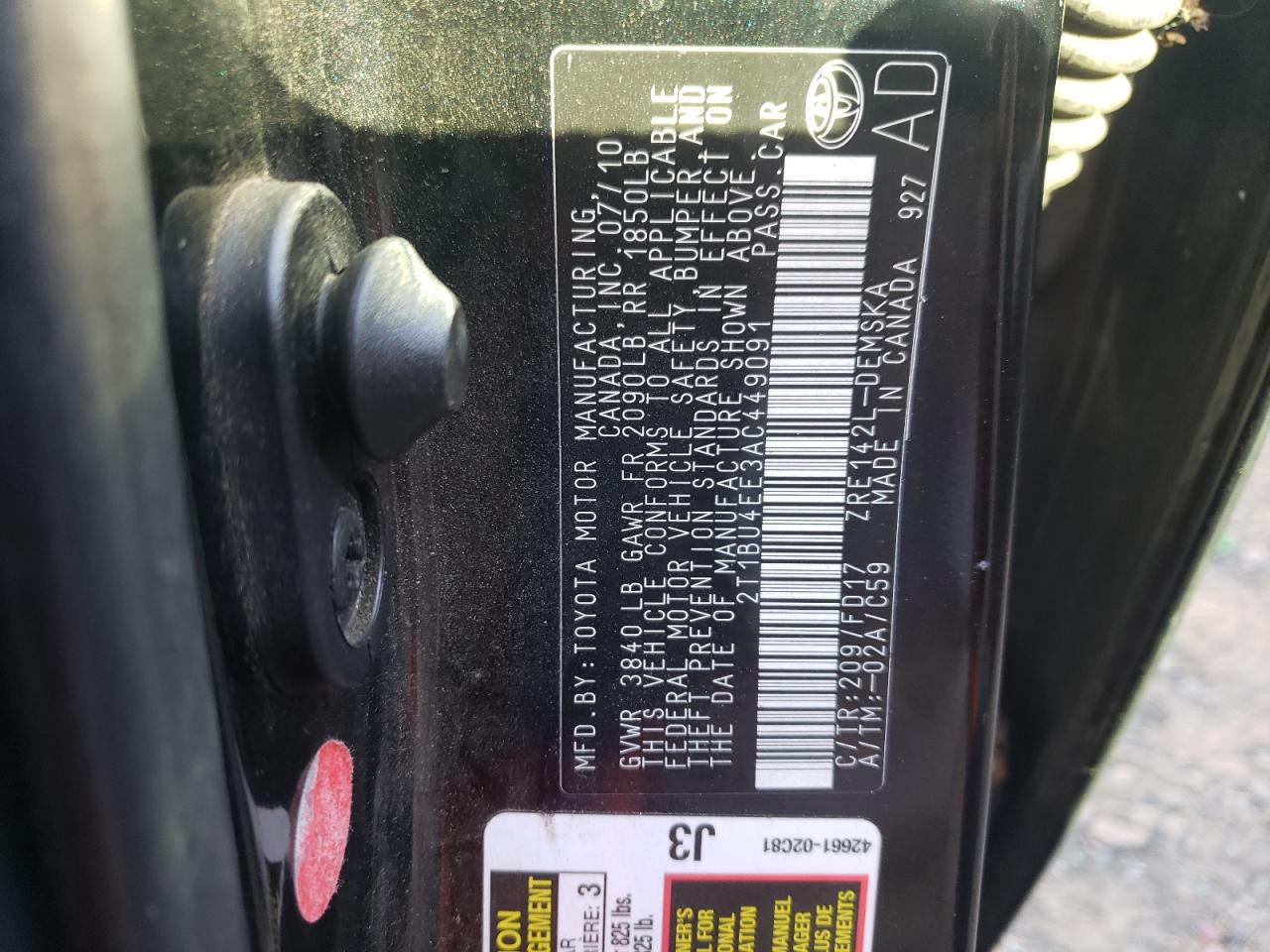 2010 Toyota Corolla Base VIN: 2T1BU4EE3AC449091 Lot: 74118723