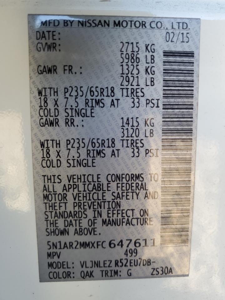 2015 Nissan Pathfinder S VIN: 5N1AR2MMXFC647611 Lot: 77528433