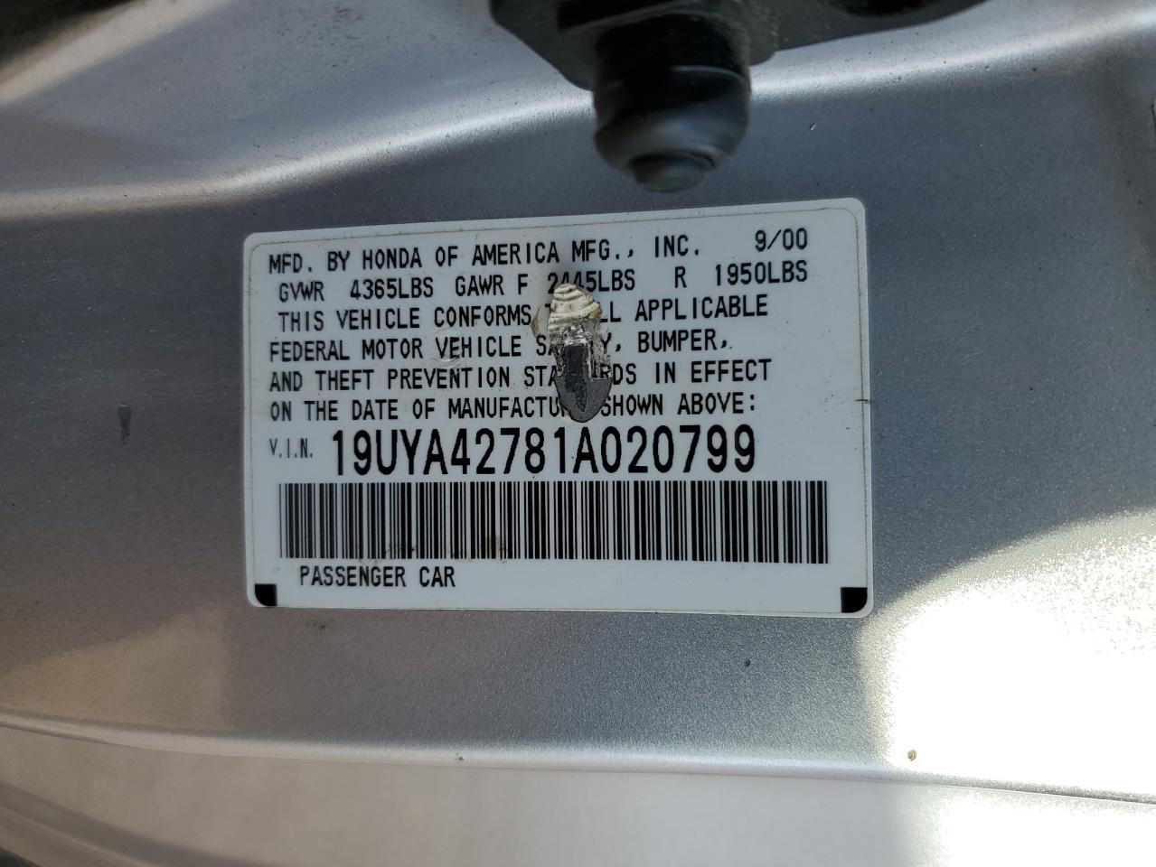 2001 Acura 3.2Cl Type-S VIN: 19UYA42781A020799 Lot: 77701183