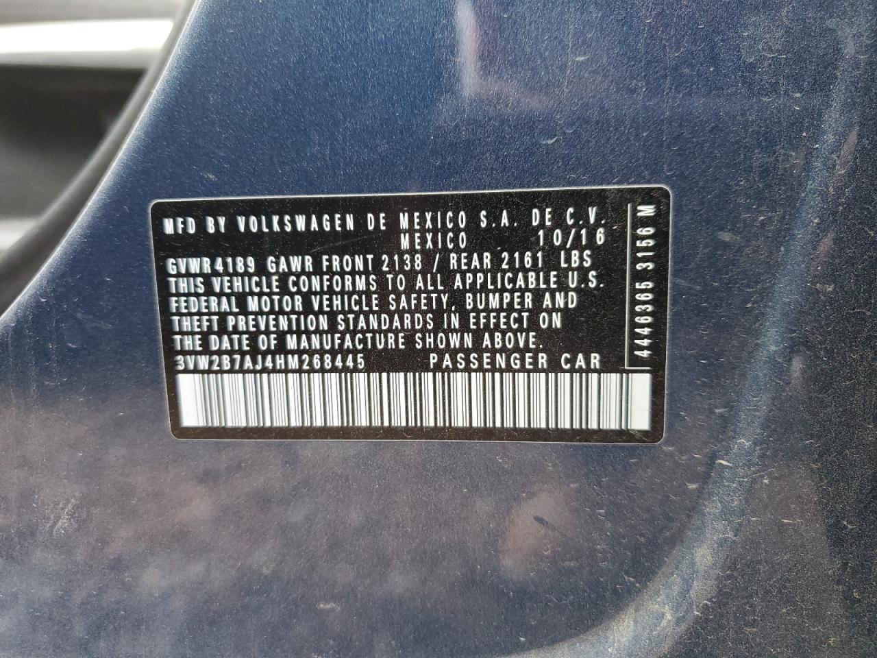 2017 Volkswagen Jetta S VIN: 3VW2B7AJ4HM268445 Lot: 57783523