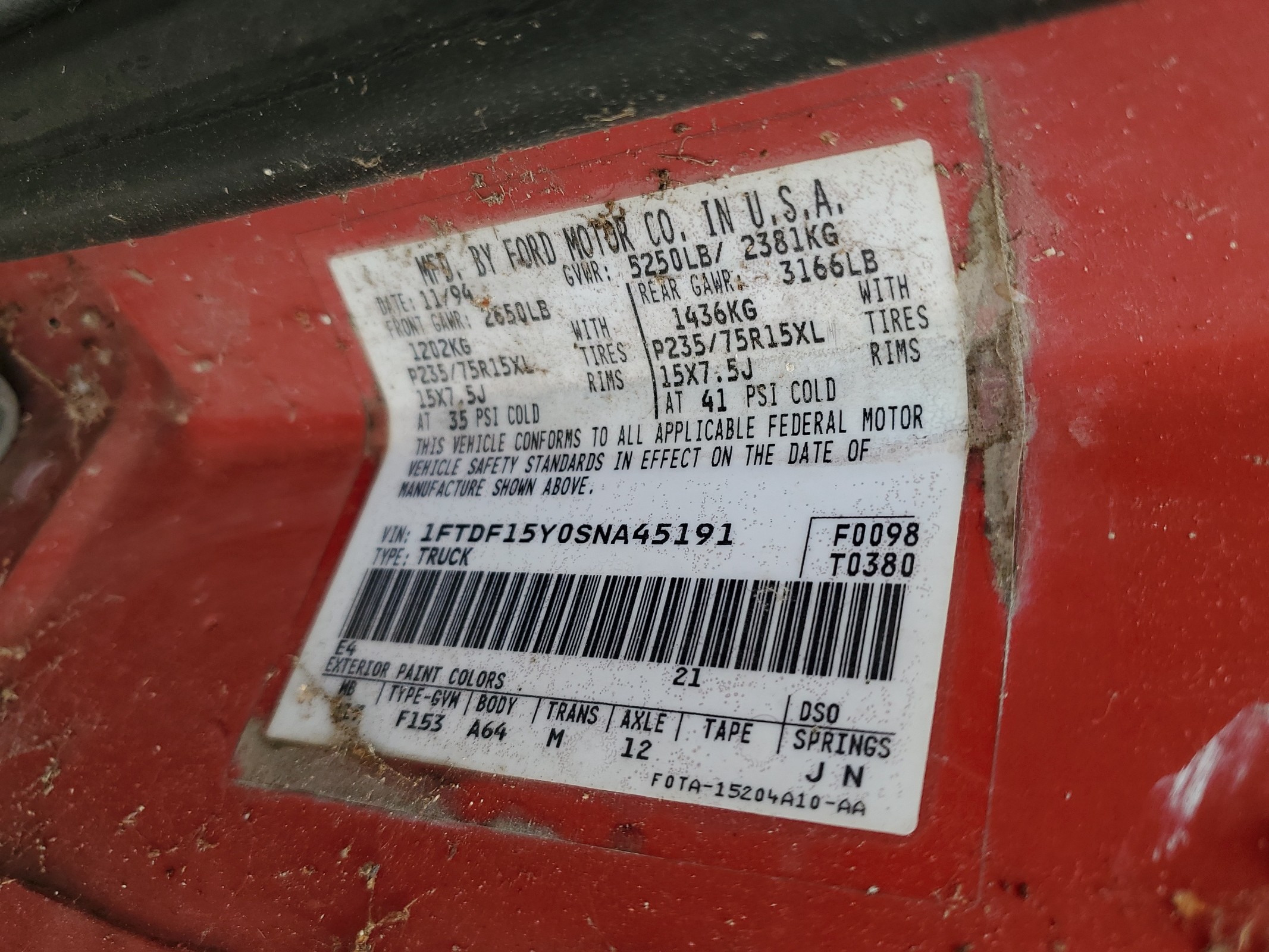 1FTDF15Y0SNA45191 1995 Ford F150