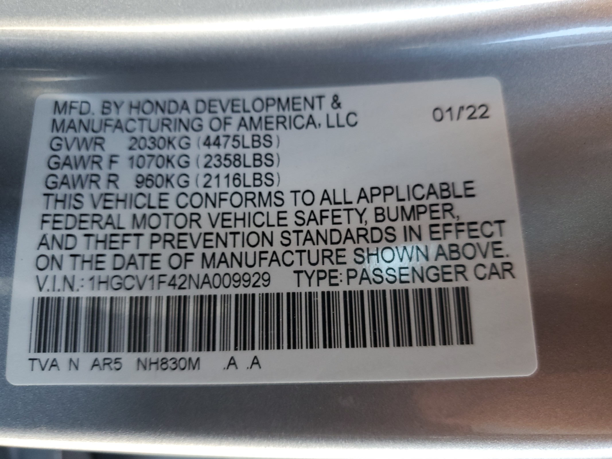 1HGCV1F42NA009929 2022 Honda Accord Sport Se